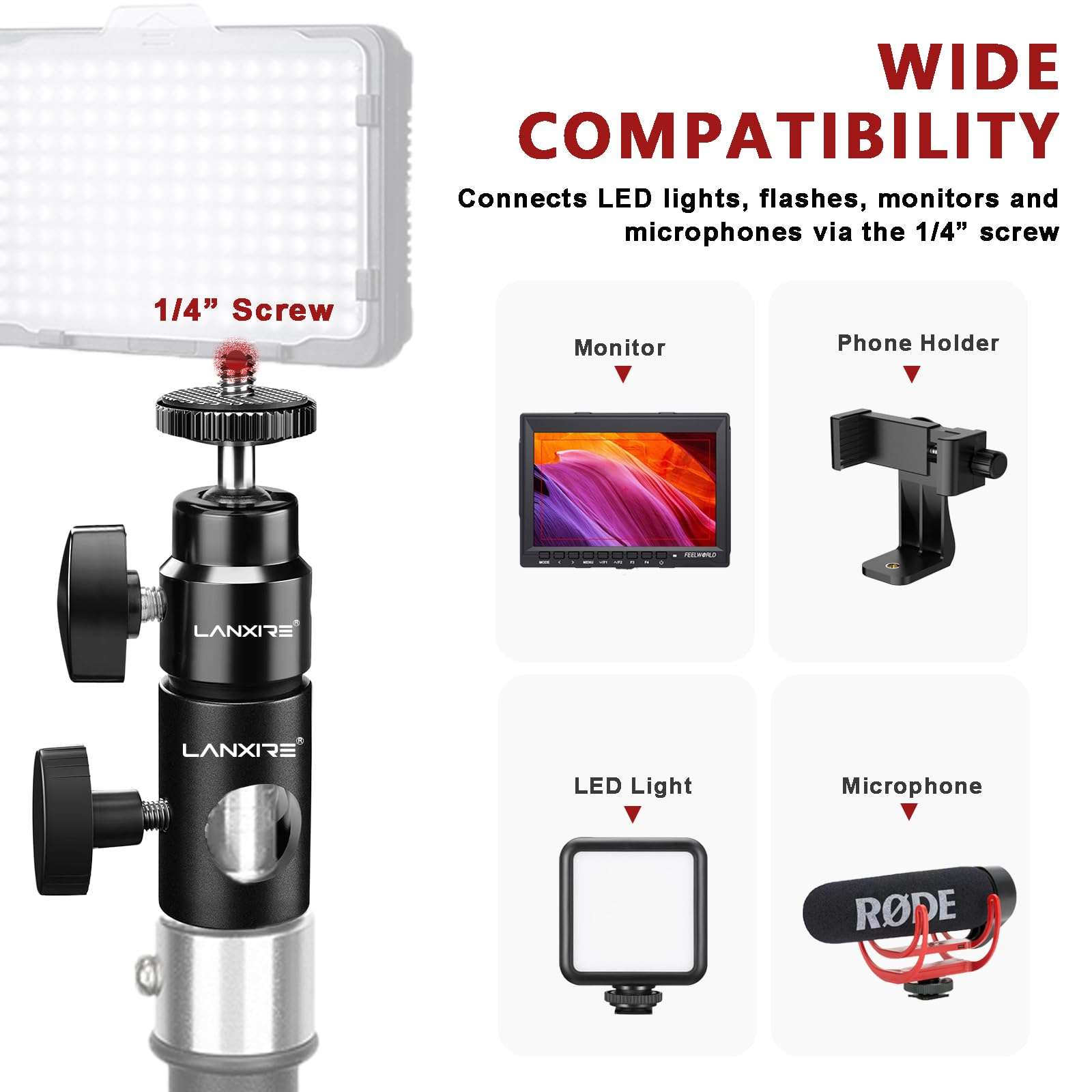 Lanxire Light Stand Mount Adapter with 1/4’’ Screw Mini Ball Head - Compatible with Camera Monitor, Ring Light, Fits Flat Head Light Stand, Boom Arm - Max Load up to 4.4lb/2kg 4