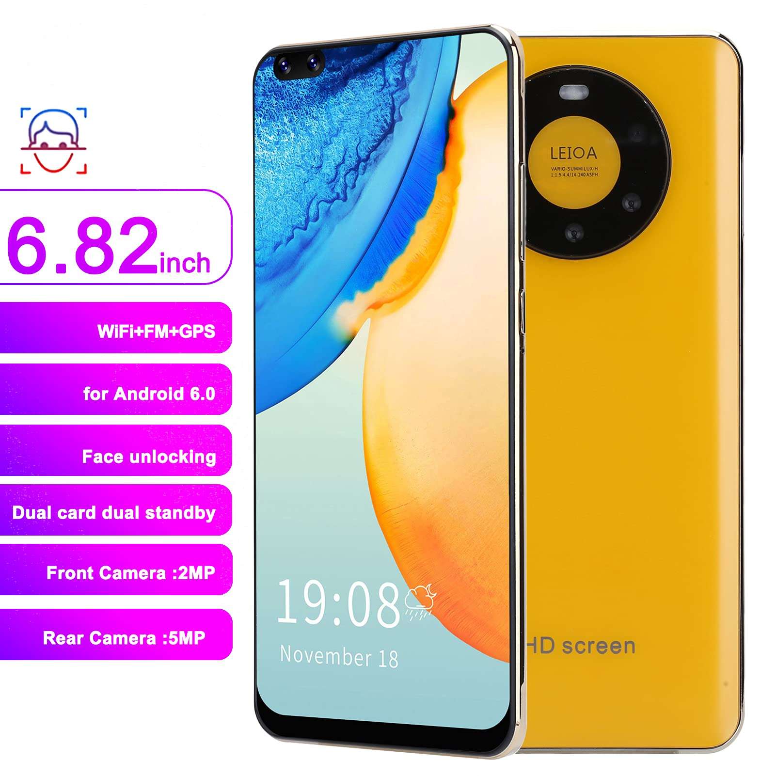Zyyini Mate50 Pro+ Unlocked Smartphone, 6.82'' HD Full Screen Smartphone, Dual SIM, 2GB + 16GB, 2MP + 5MP Camera Autofocus, APP Face Recognition, with WiFi+BT+FM+GPS(Yellow) 2