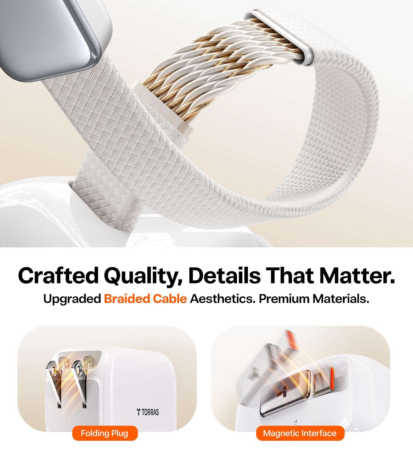 Torras FlexLine Retractable Charger, 35W GaN III USB-C Charger Block with Dual Ports, Phone Charger Fast Charging for iPhone 17/16/15, Samsung Galaxy S26 Ultra/S25, Pixel, iPad Pro, Airpods Pro 5