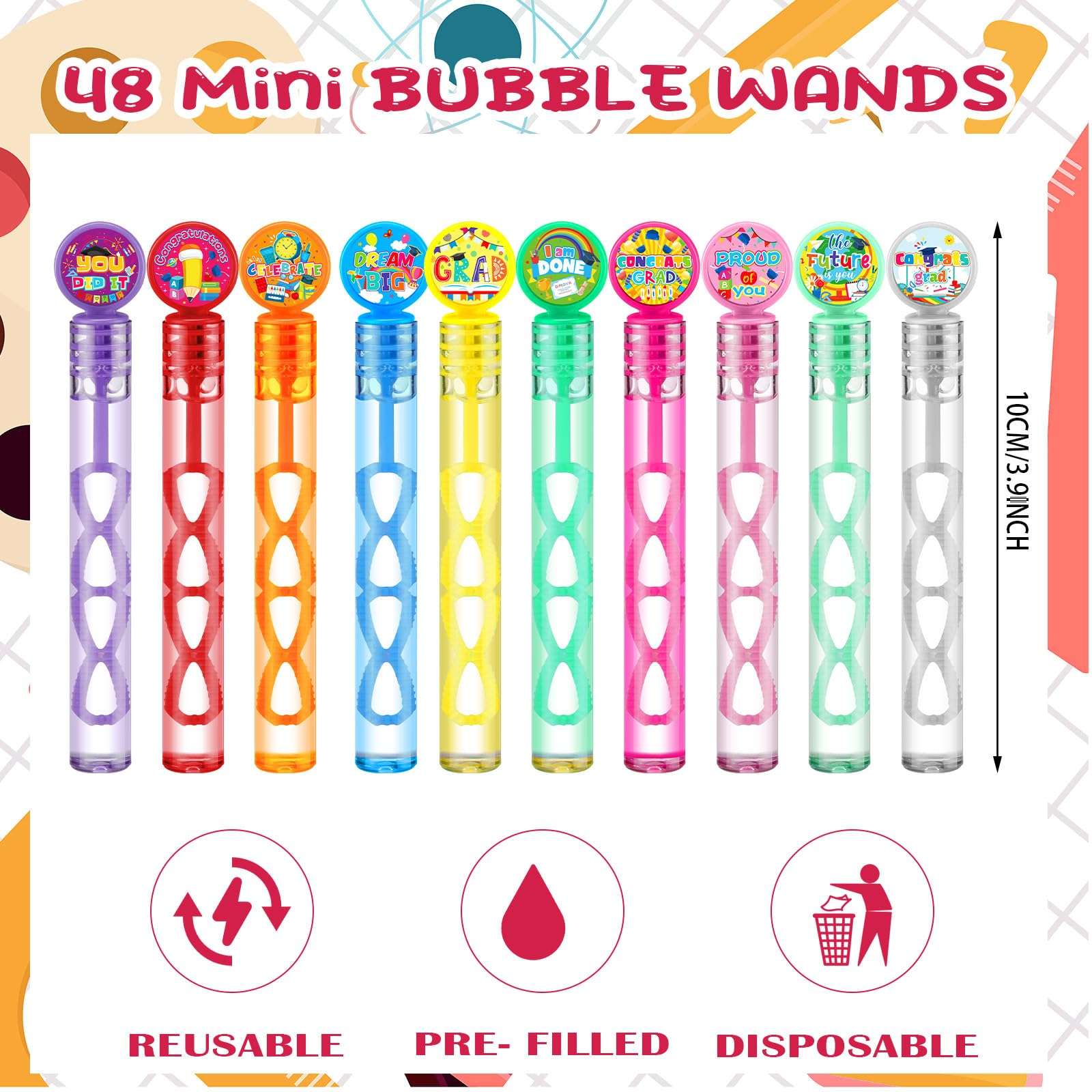 Hollowfly 60 Pcs Graduation Mini Bubble Wands 4 Inch Assorted Graduation Party Favors Class of 2025 Grad Small Bubble Wands for Kids Kindergarten Preschool End of School Year Gifts for Kids Bulk 3