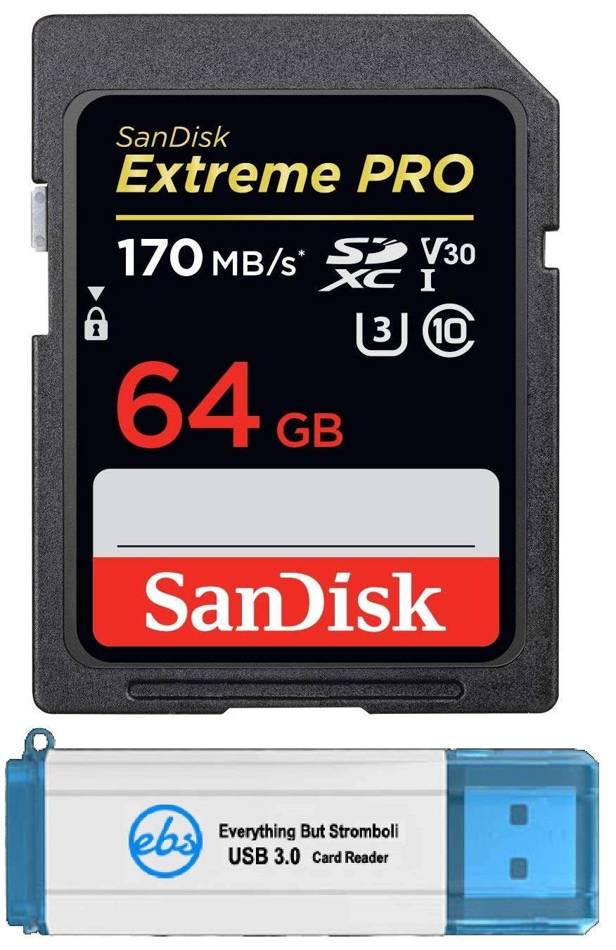 SanDisk Extreme Pro 64GB Memory Card for Sony a1 & Sony Alpha Series Cameras Class 10 UHS-I High Speed SDXC (SDSDXXY-064G-GN4IN) Bundle with (1) Everything But Stromboli Micro & SD 3.0 Card Reader 1