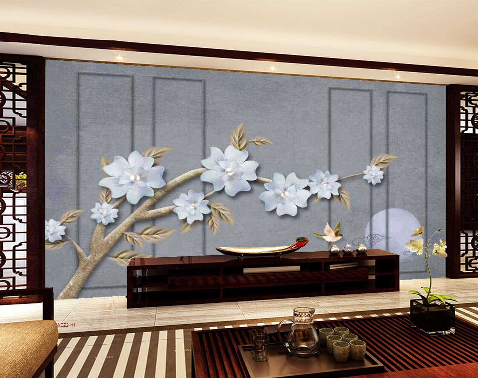 Wall26 - WEZ2111 Beautiful Centre Pearl Centered Flowers Branches Off White Arm Heyday HD 3D Wall Sticker[8 ft x 6 ft] / [244 cm x 183 cm] 3