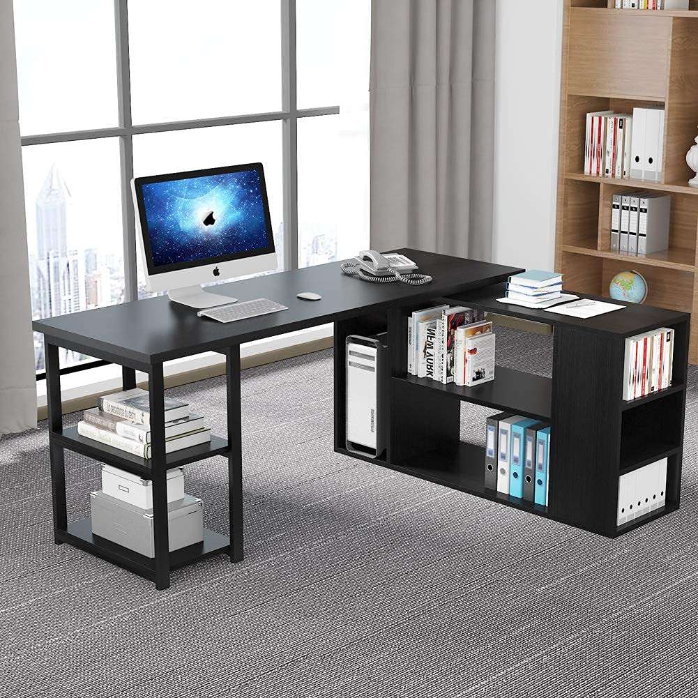 Tribesigns L-Shaped Computer Desk, Rotating Corner Computer Desk with Bookcase and File Cabinet, Reversible L Shaped Office Desk for Home Office (Black) 1
