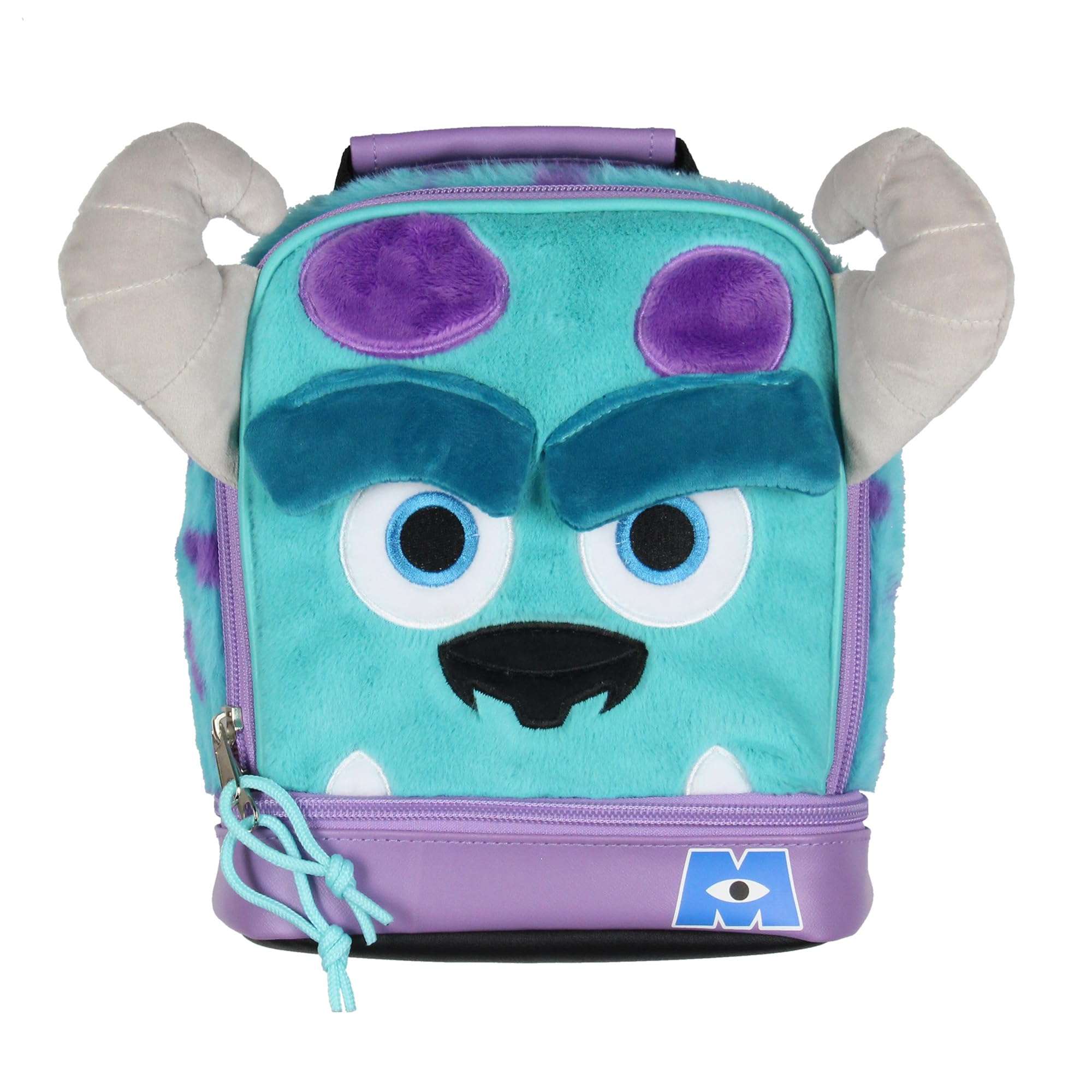 Disney Monsters Inc Plush Fuzzy Fur Sulley Embroidered Face 3D Horns and Eyebrows Insulated Dual Compartment Lunch Box 3