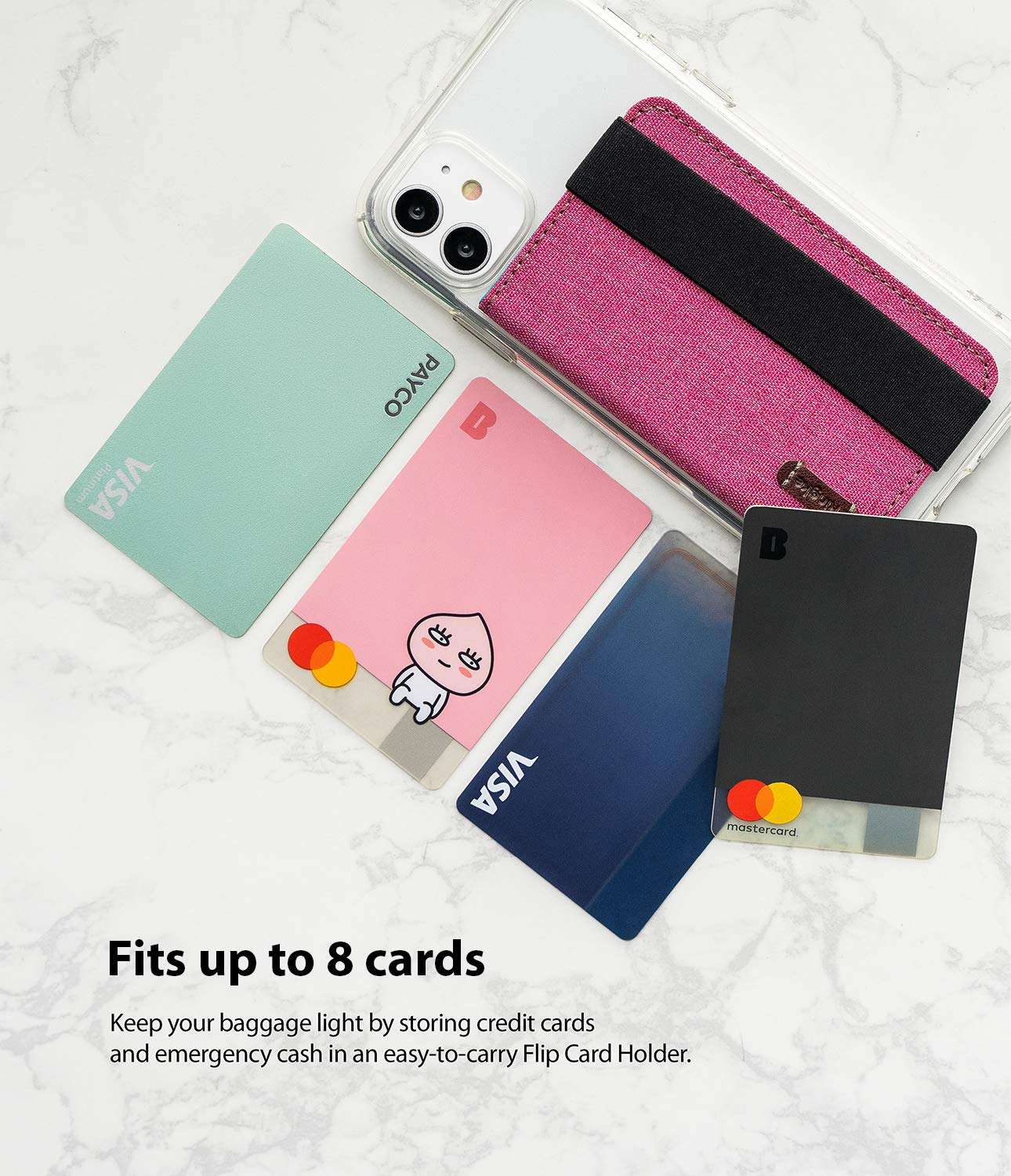 Ringke Flip Card Holder Faux Saffiano Leather with Elastic Hand Strap Multi-Card Slot Wallet Credit Card Cash Holder Attachment Compatible with Most Smartphones, Android and More - Chic Black 3