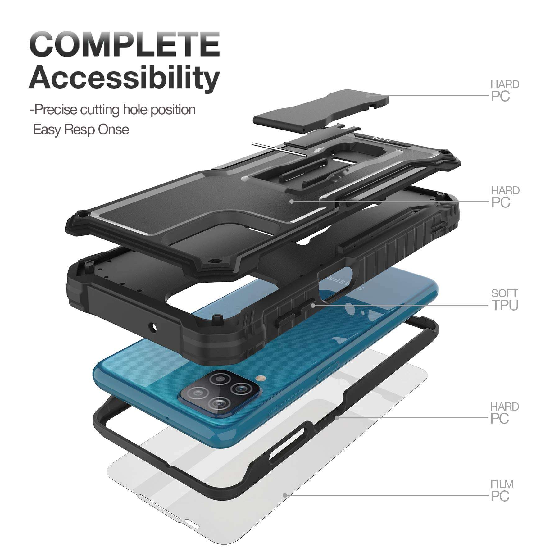 FITO for Samsung Galaxy A12 Case, Dual Layer Shockproof Heavy Duty Case with Screen Protector for Samsung A12 Phone, Built-in Kickstand (Black) 5