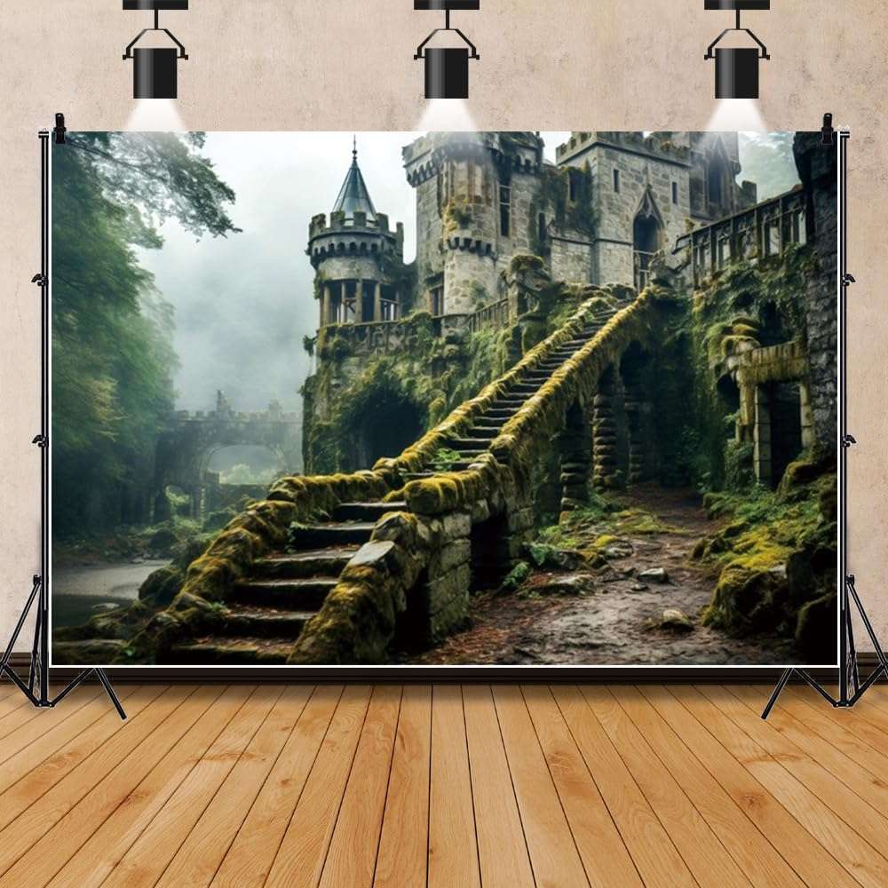 ChloropLastid 10x8ft Enchanted Castle Backdrop Medieval Forest Vintage Smoky Green Jungle Trees Meadow Magic Mysterious Photography Background Adventure Camping Drama Show Party Decor 1