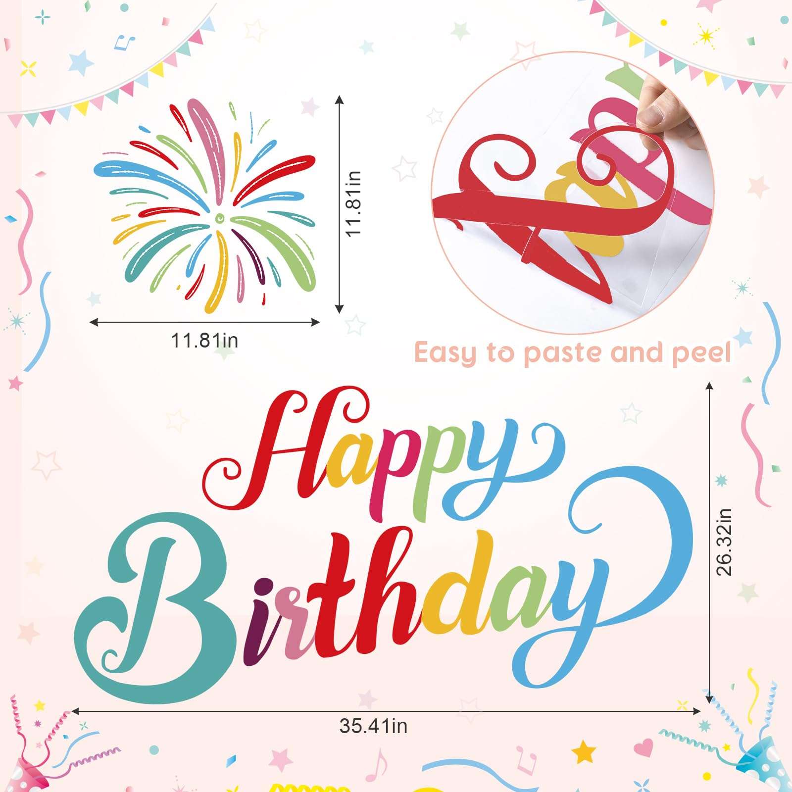 Memorywuu Happy Birthday Sign for Arch Backdrop with Fireworks and Star Happy Birthday Party Vinyl Decal Large Happy Birthday Backdrop Sticker for Balloon Arch Wall Decor (Rainbow Color) 3
