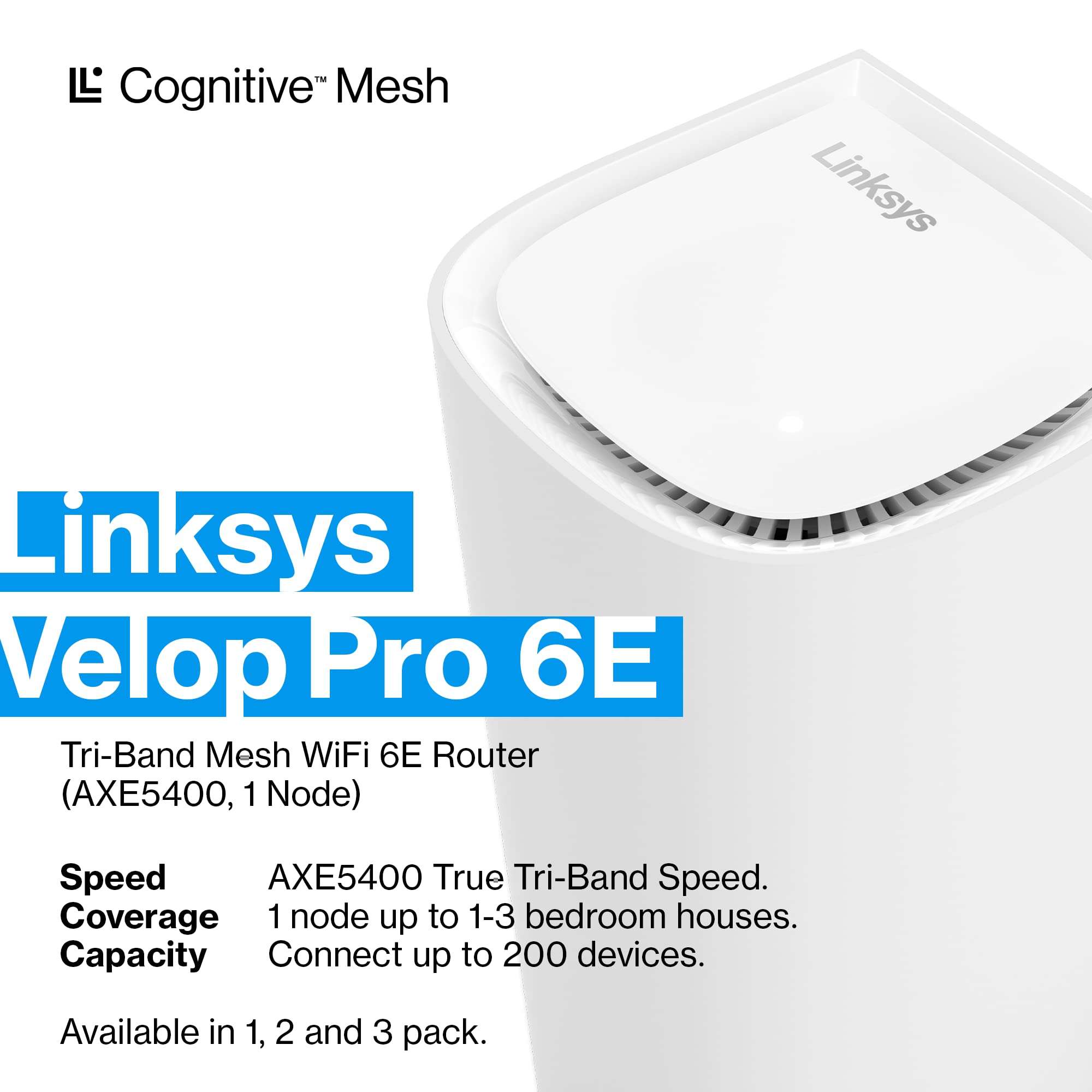 Linksys Velop Pro 6E WiFi Mesh System | One Cognitive Mesh Tri-Band router with 5.4 Gbps (AXE5400) Speed | Coverage up to 3,000 sq ft | Connect 200+ Devices | 1Pk MXEC621 | 2023 Release 3