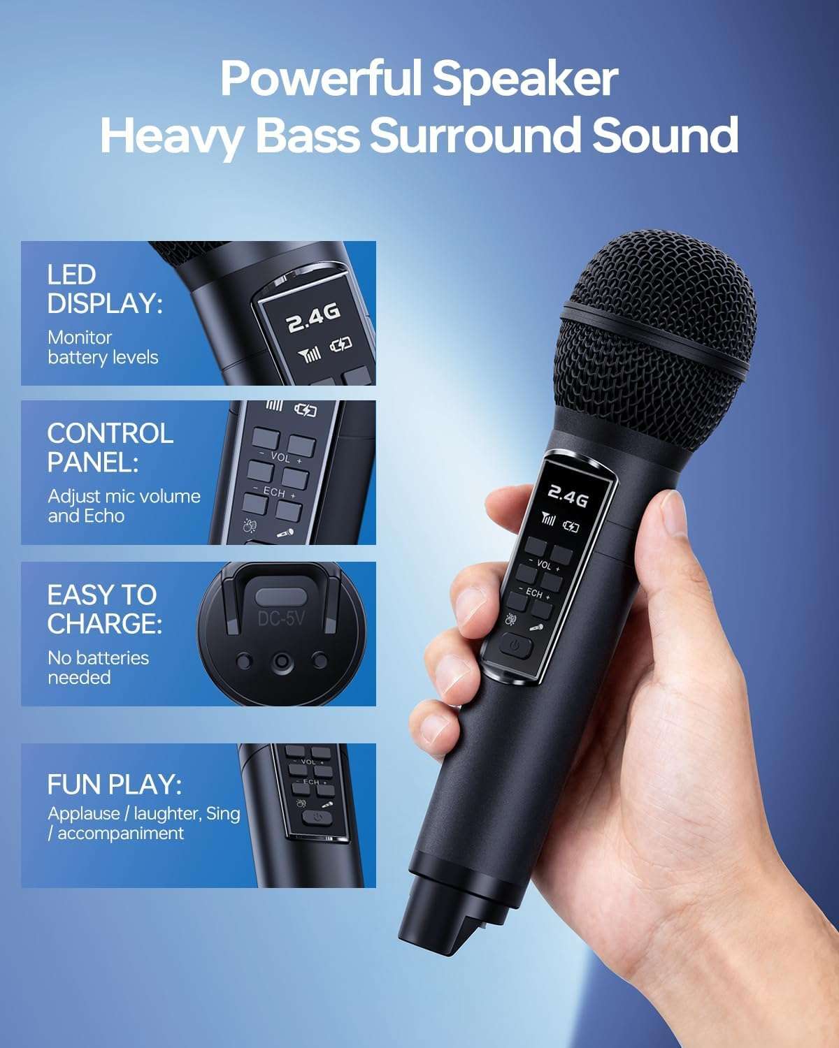 SORDA Bluetooth Karaoke Machine for Adults & Kids, 80W Portable Speaker with 2 Wireless Microphones, Echo Adjustment, Support USB/AUX/TF Card, for Outdoor/Indoor Gathering Gifts 5