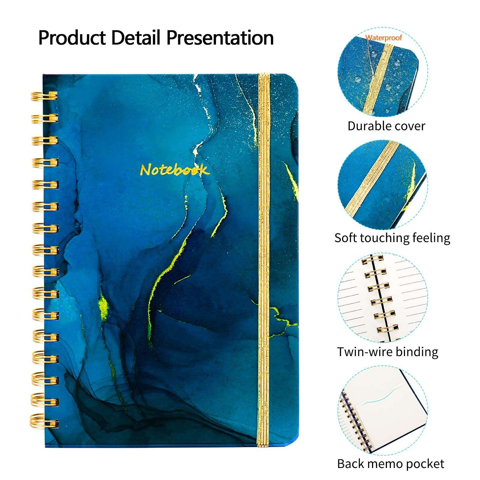 Auveach 3 Pack A5 Hardcover Spiral Notebook, 5.7"x 8.5" Journal for Women Spiral Bound, Spiral Journal Notebook with Back Pocket, 160 Pages, Ocean Marble Pattern, for Office and School Supplies 4
