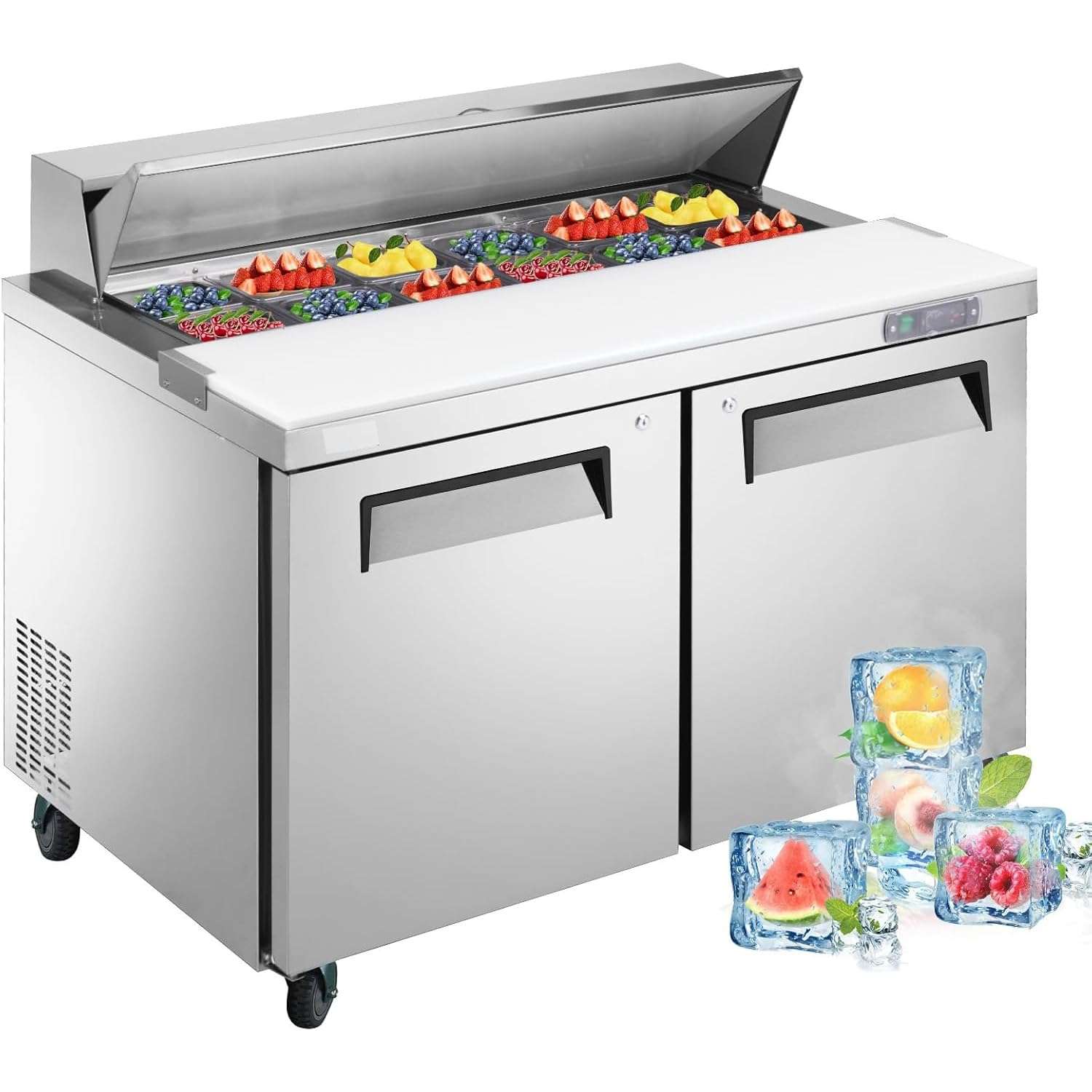 48" W 2 Door Refrigerator Sandwich Salad Prep Table Commercial Stainless Steel Fan Cooling Refrigerator with Cutting Board, 2 Shelves & 12 Pans For Restaurant, Shop - 12.9 Cu.Ft 1