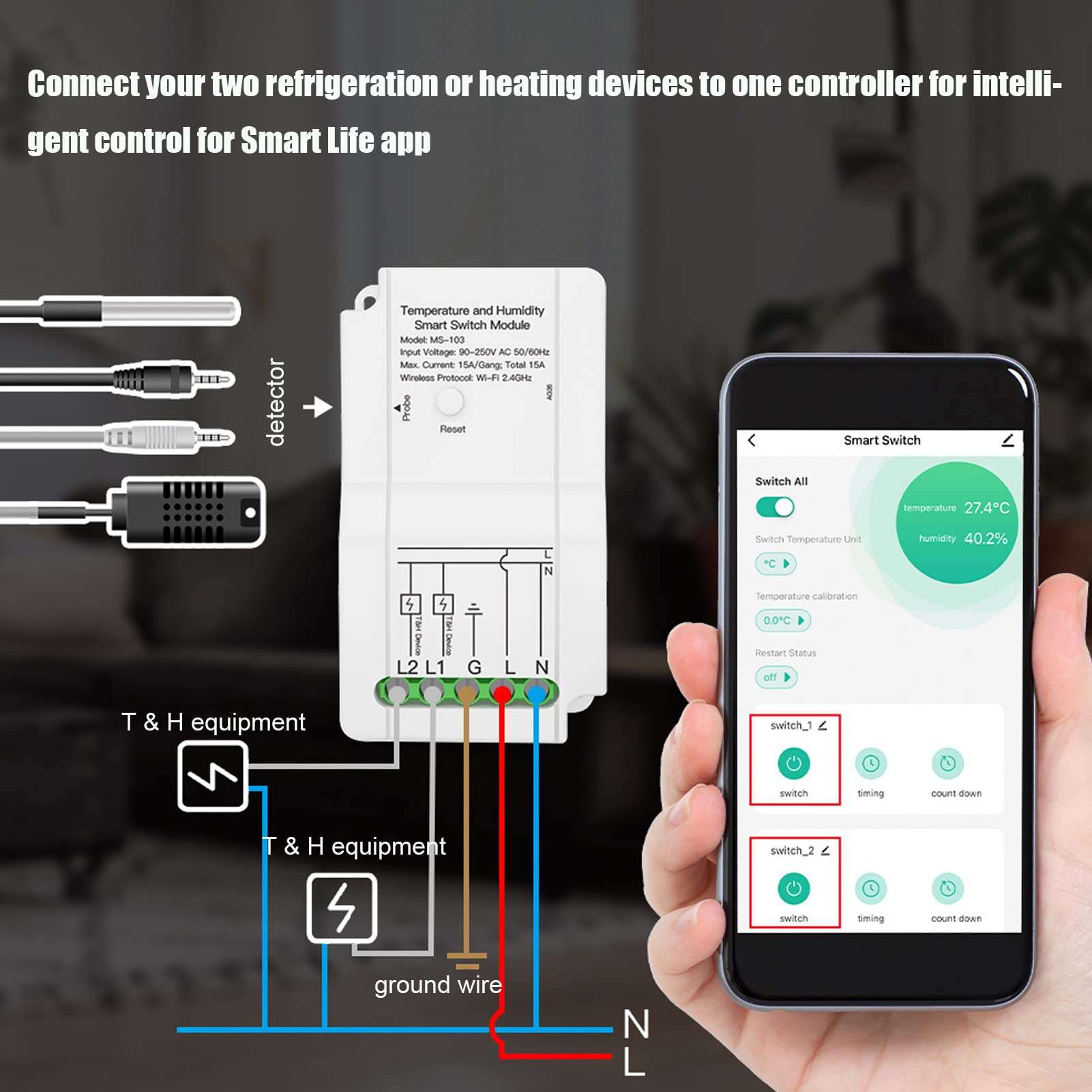 WiFi Smart Temperature Humidity Switch Module with Dual Relay Output, Temperature Probe, 90 250V Compatibility for TUYA Smart App, Cordless Remote Monitoring Control 6