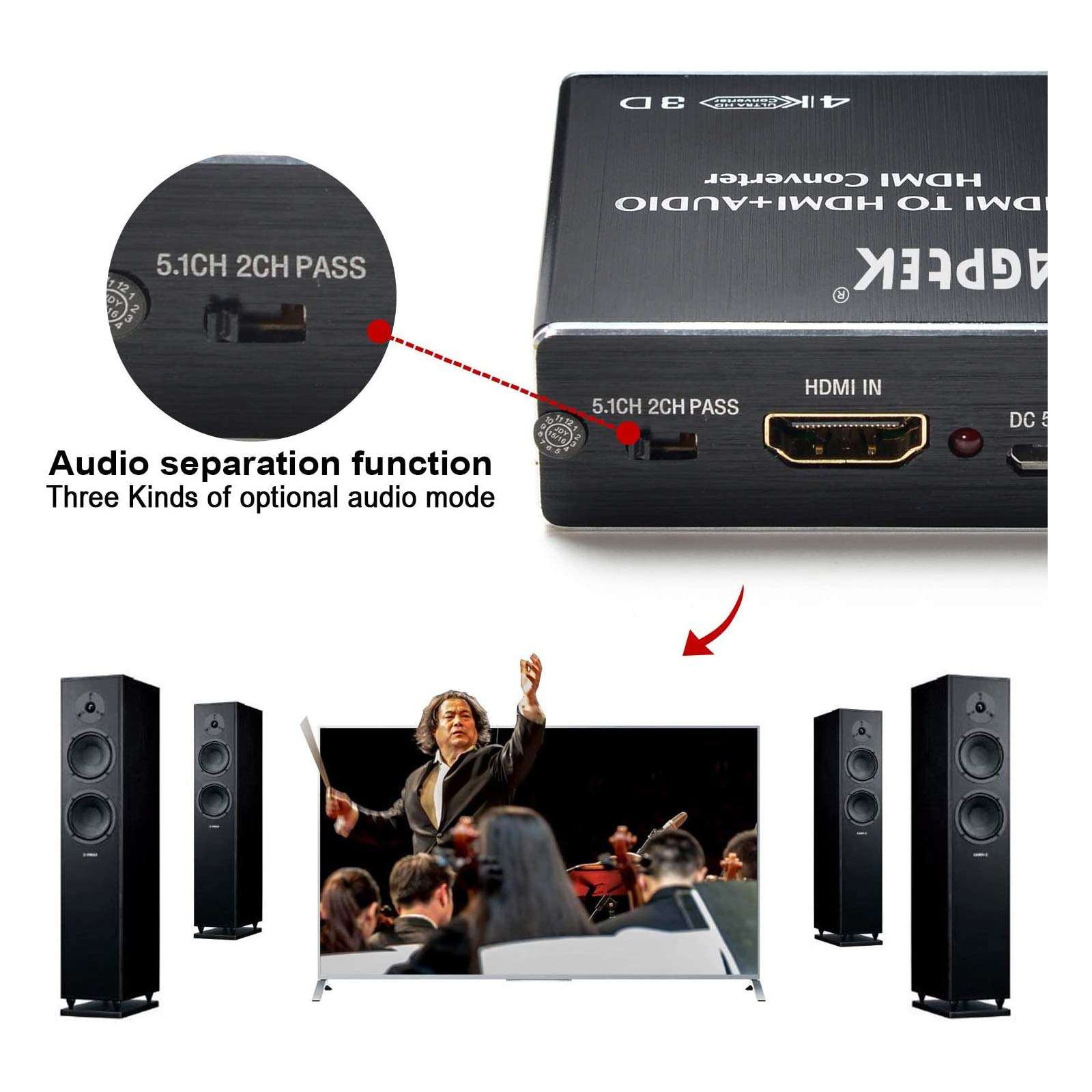 4K x 2K HDMI Audio Extractor Splitter, HDMI Audio Converter Adapter Support Ultra HD 4K Toslink Optical Audio Output and 3.5mm with Optical Fiber Cable 5