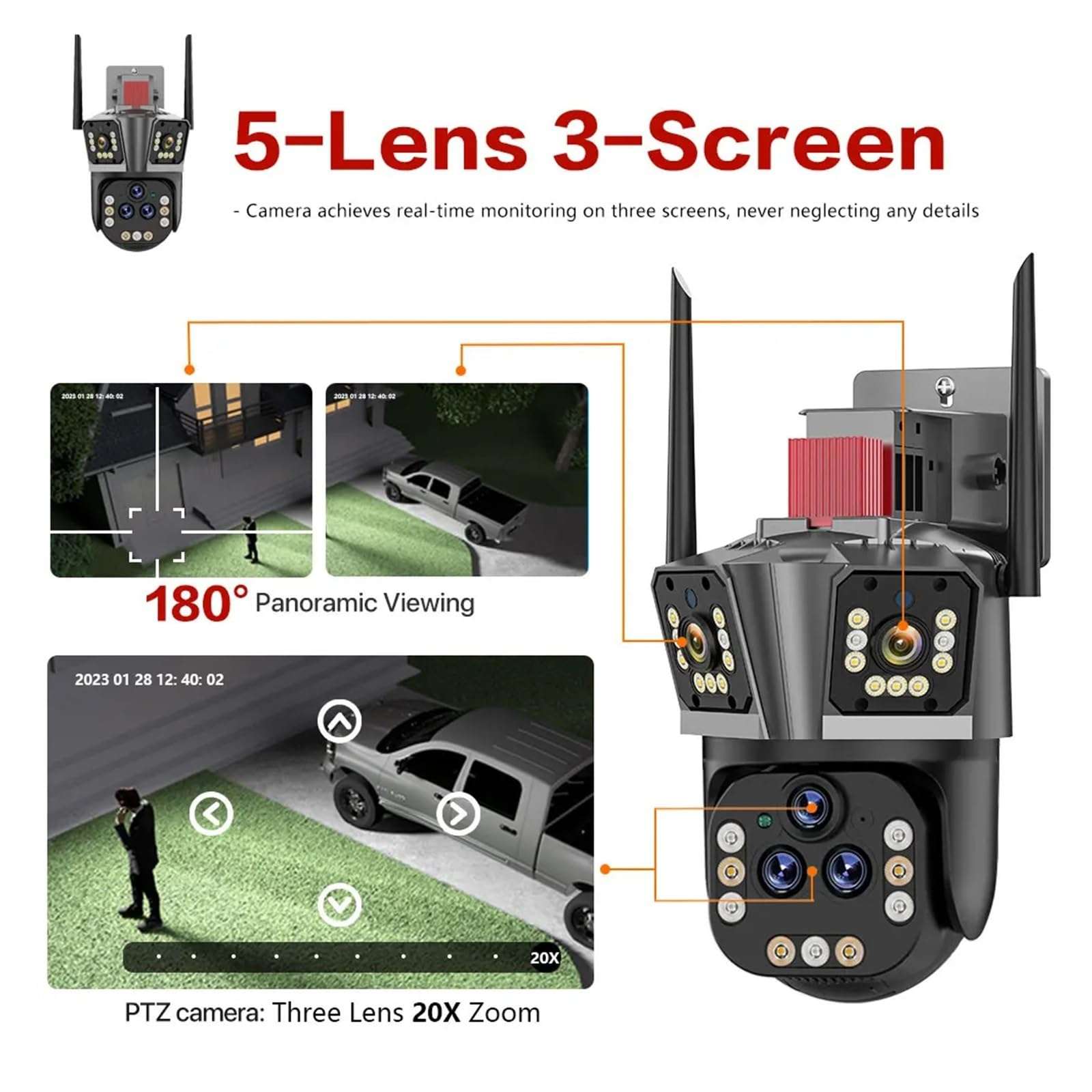 QDVOPHZA 10K 20MP CCTV Video Surveillance IP Camera 20X Zoom WiFi Wireless Five Lens Outdoor PTZ Home Security Protection Auto Tracking(E/U,10K Add 32G Card) 6