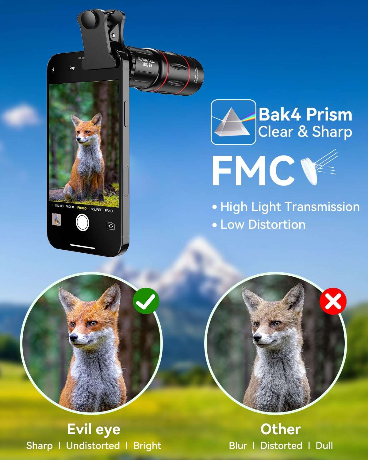 Evil Eye 18X Telephoto Lens, HD Telephoto Mobile Cell Phone Lens with Tripod, BAK4 Prism/FMC Lens, Lens Attachment for Android & iPhone, Samsung and Most Smartphone 6