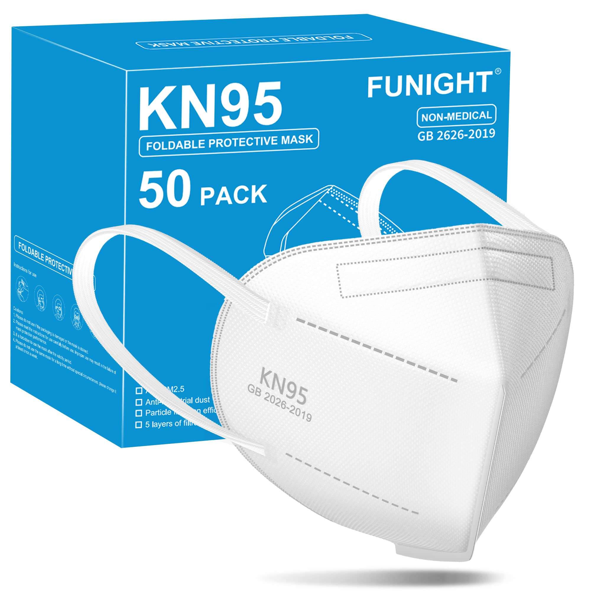 Funight KN95 Face Mask 5-Ply Breathable Filter Efficiency≥95% Protective Cup Dust Disposable Masks Against PM2.5 White 50 Pack 1