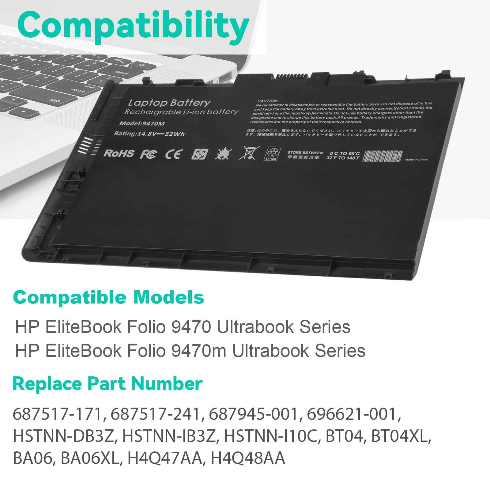 TREE.NB BT04XL Laptop Battery for HP EliteBook Folio 9470 9480 9470M 9480M Ultrabook Series H4Q47AA HSTNN-IB3Z HSTNN-I10C BT04 BA06 BA06XL MC04 687945-001 687517-171 2