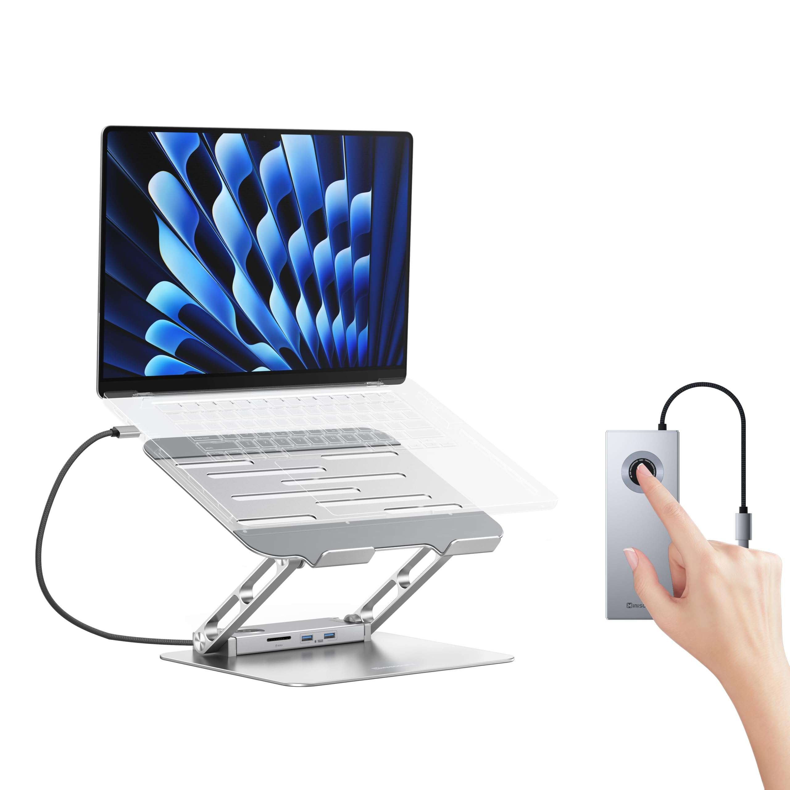 minisopuru USB C Laptop Docking Station Stand with 4K HDMI, 100W PD, Docking Station for MacBook Pro/Air/Dell/HP/Surface, Adjustable Laptop Stand for 10-17" Laptops & Tablet(4 USB A, RJ45, SD3.0) 1