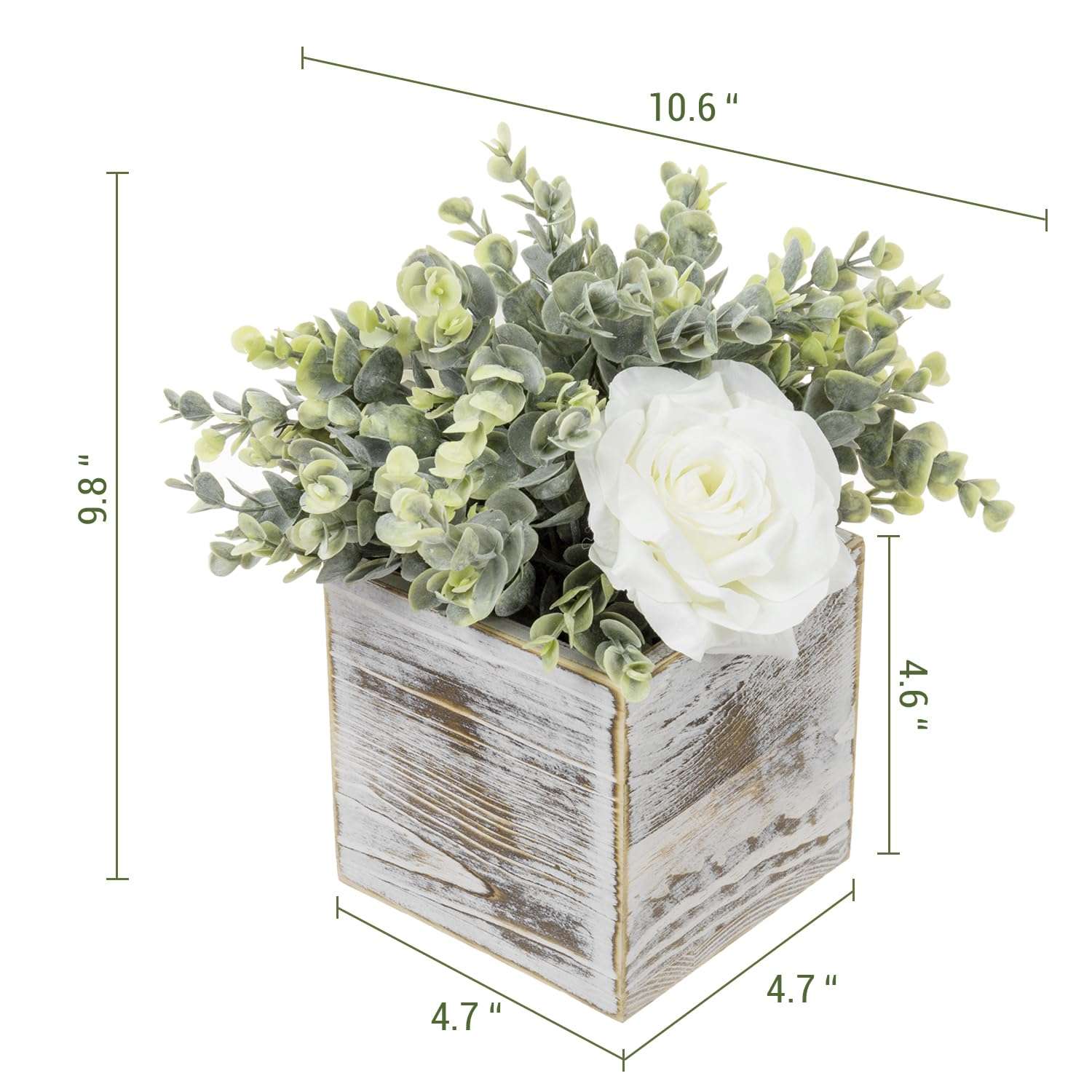 MyGift Artificial White Rose and Eucalyptus Boxwood in Shabby Whitewashed Solid Wood Square Box Planters, Faux Floral Arrangement Table Centerpiece Home Decor, Set of 2 6