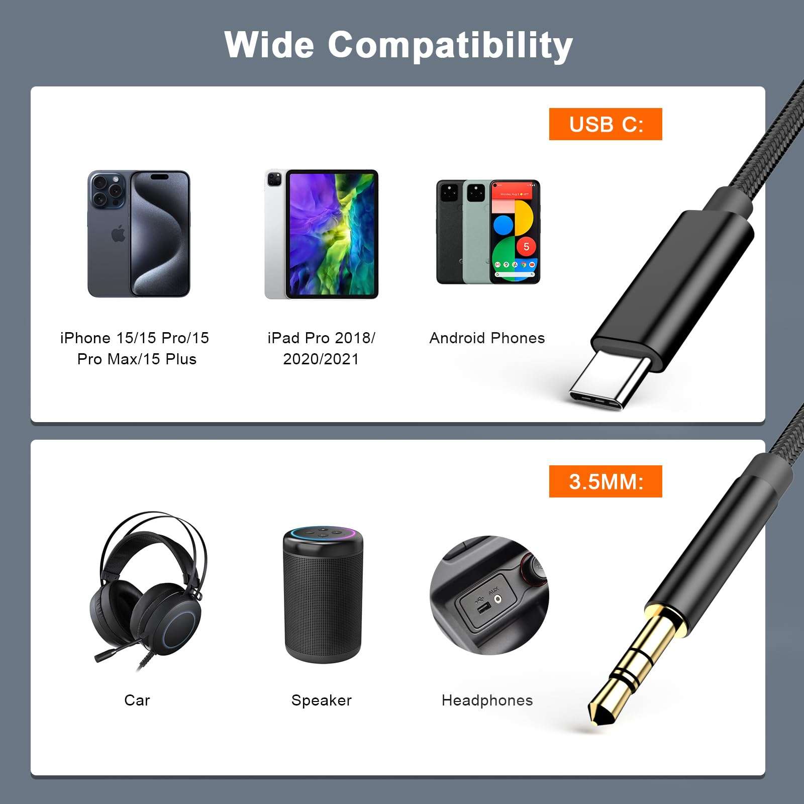 2 Pack Aux Cord for iPhone 16, USB C to 3.5 mm Headphone Jack Car Stereo Aux Audio Adapter for iPhone 16/16 Plus/16 Pro/16 Pro Max/15/15 Plus/15 Pro/15 Pro Max to Car Home Stereo Speaker Headphone 3