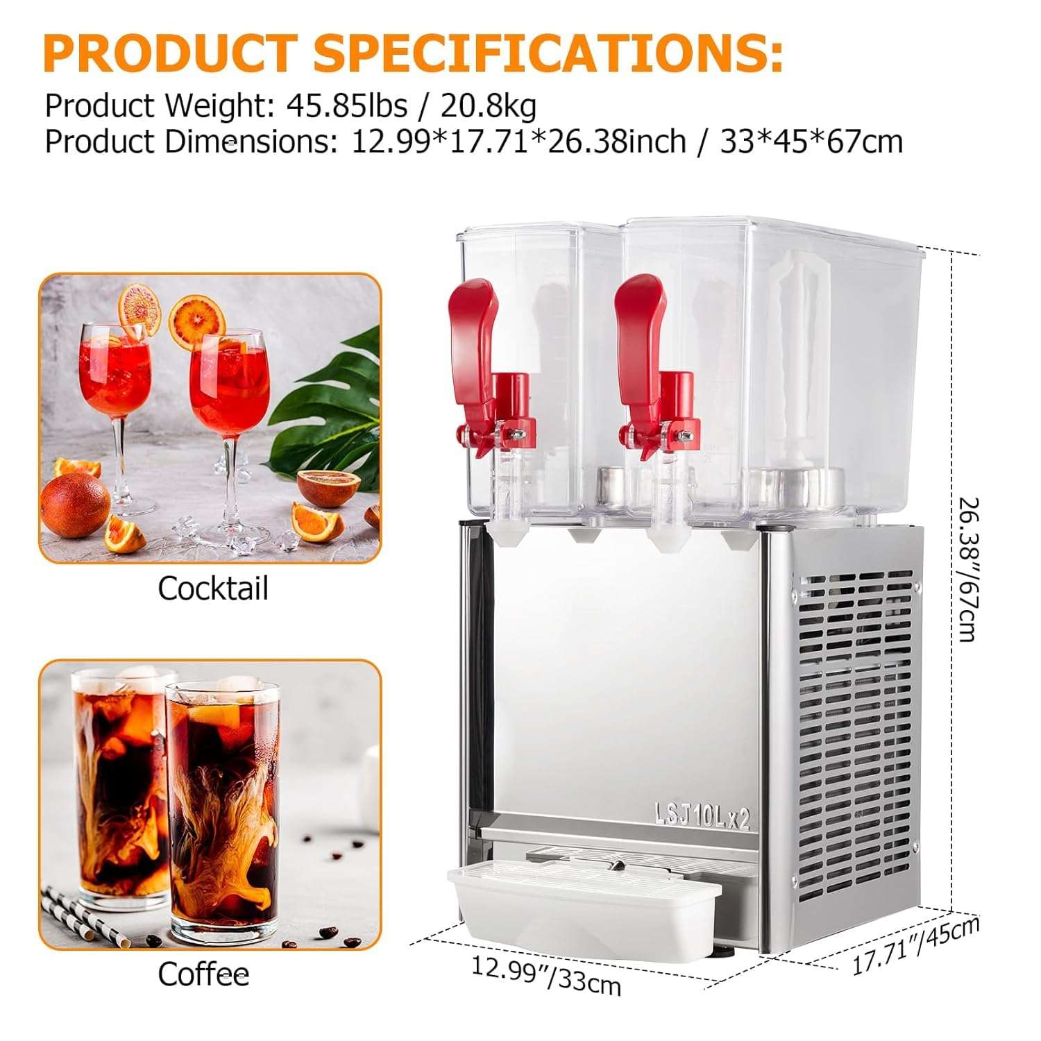 PioneerWorks Commercial Beverage Dispenser, 2 Tanks 5.28 Gallon 20L Commercial Juice Dispenser, 10 Liter Per Tank, 280W Stainless Steel Food Grade Ice Tea Drink Dispenser with Thermostat Controller 3