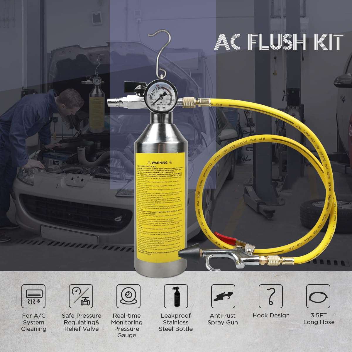 QPKING AC Flush Kit Car Air Conditioner System Pipe Cleaning Bottle Flush Canister Clean Tool for Auto HVAC Pipe Line Cleaning,R134A R12 R22 R404 R410A with 220 PSI Gauge, Air Plug Fittings & Hose 5