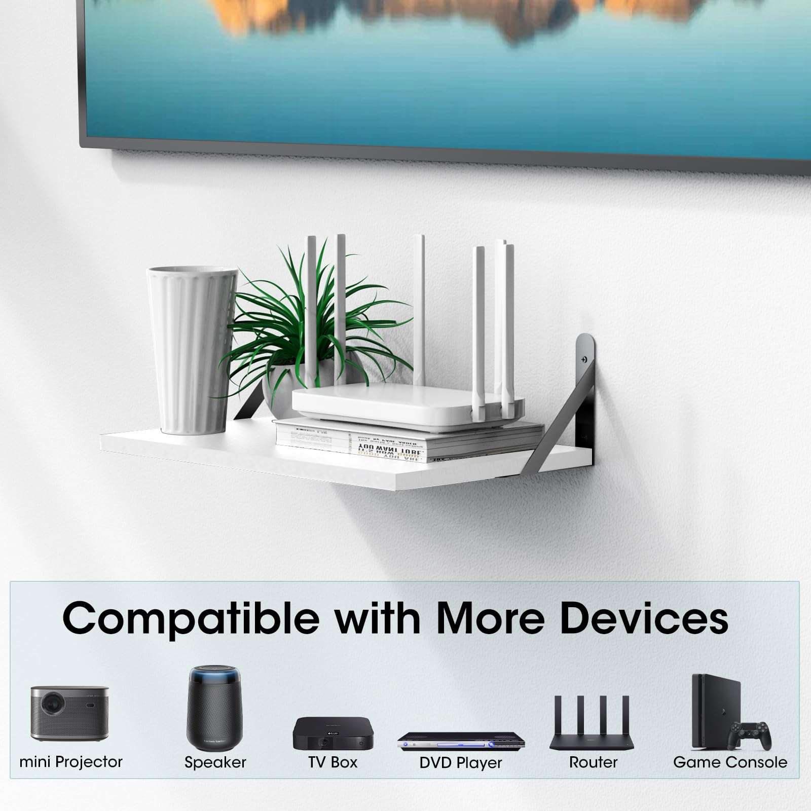 DAWASAPAT Projector Mount, White Small Mini Projector Shelf/Cable Box Wall Mount/Router Wall Mount, Projector Holder Stand Accessories with Cable Ties-2pcs 5