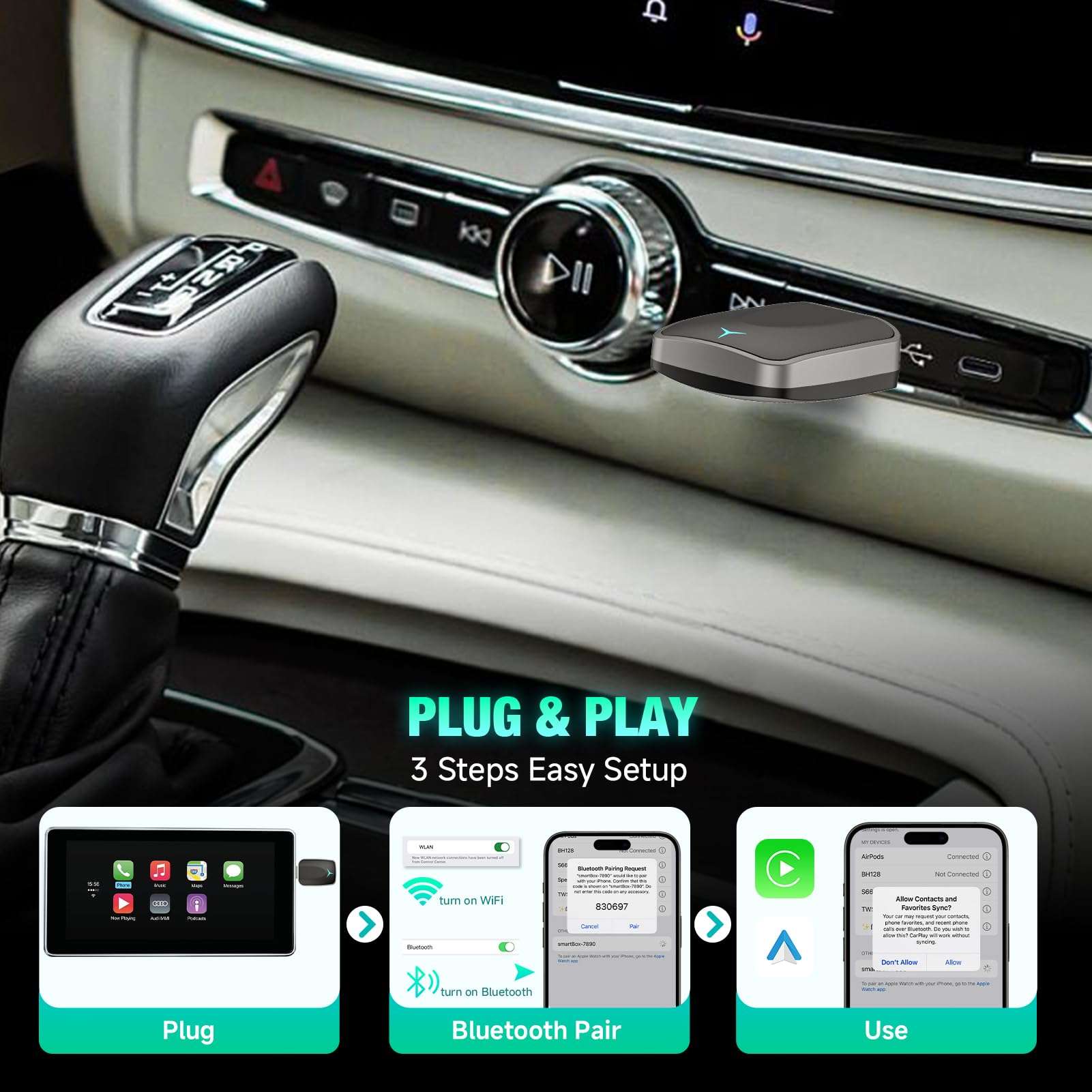Wireless CarPlay Adapter & Android Auto 2 in 1, 2025 Plug and Play Convert Wired to Wireless Adapter for Apple CarPlay/Android Auto, Bluethooth Stable Low Latency for iOS 10+, Android 11+ USB C/A 6