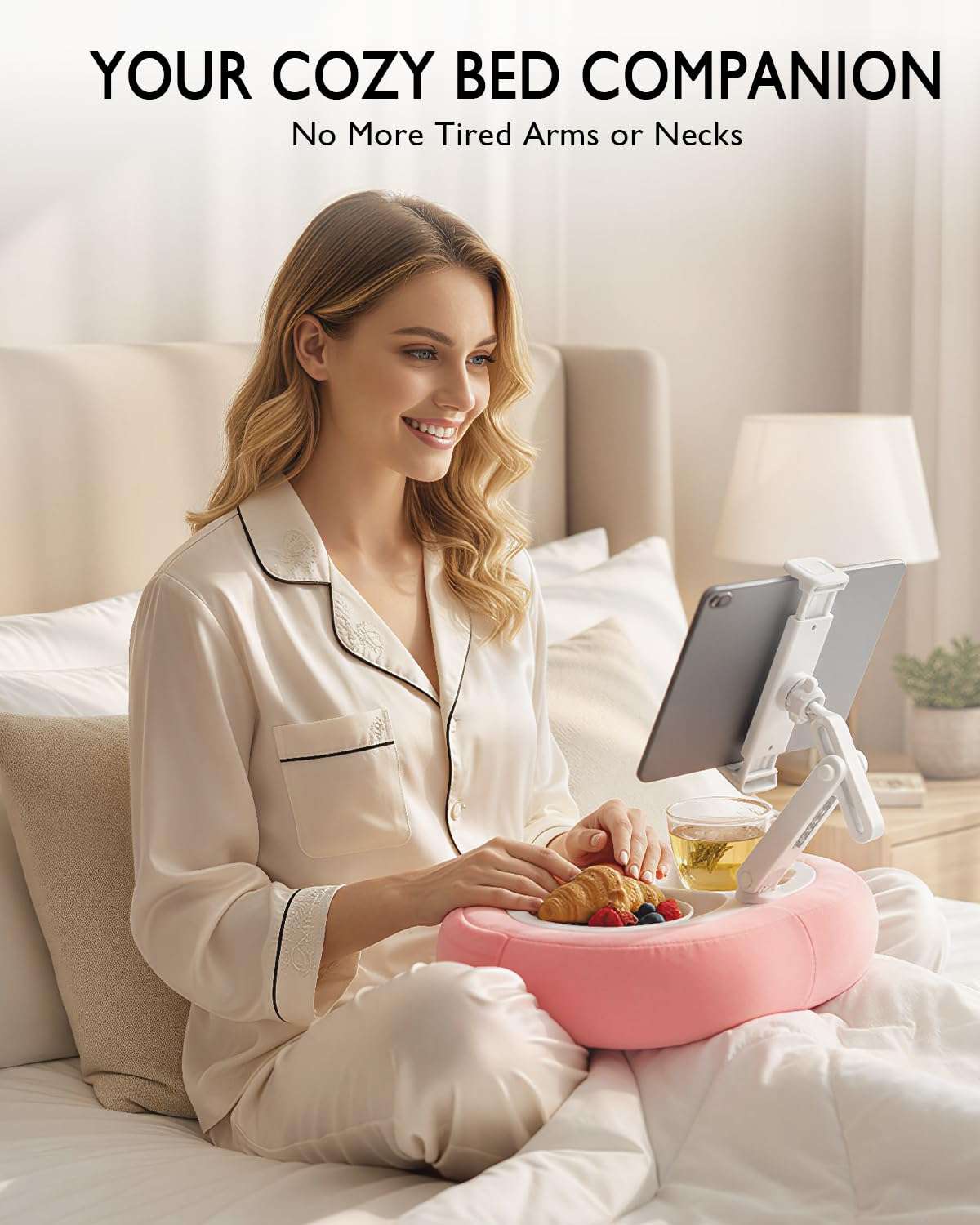 Tablet Pillow Stand, Compatible with 5"-12.9" Kindle, iPad, Phone/Tablet, Google, Samsung, 360° Rotating Phone Holder for Bed, Soft Plush Fabric, Detachable Bowl, Reading and Relaxation on Bed, Pink 4