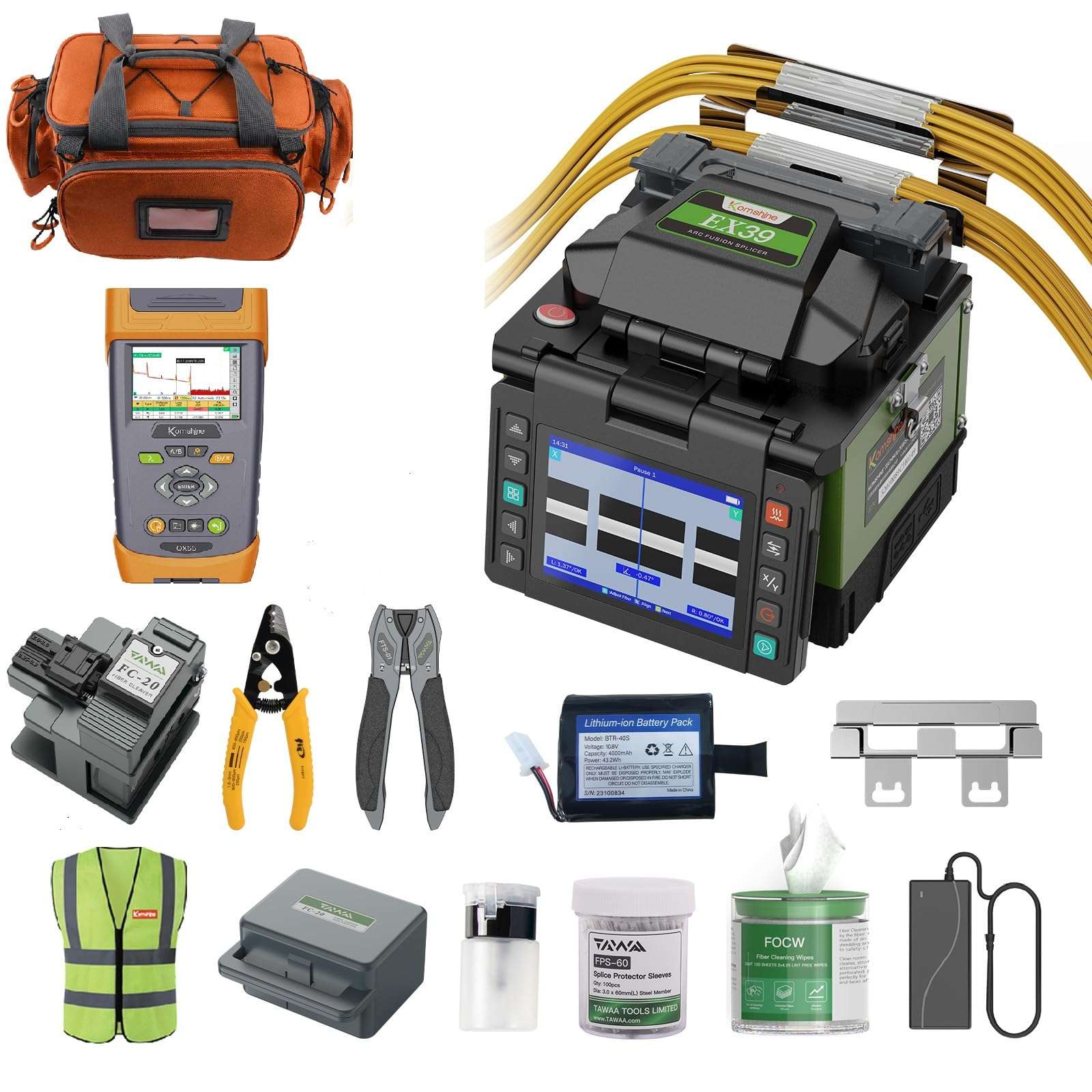 Komshine Optical Fusion Splicer EX39 FTTH Mini Fiber Fusion Splicer Machine Kit 8s Fast Splicing Fast-Heating 18s with Fiber Cleaver FC-20+ 1310/1550nm 32/30dB Singlemode OTDR Komshine QX55 Mini OTDR 1