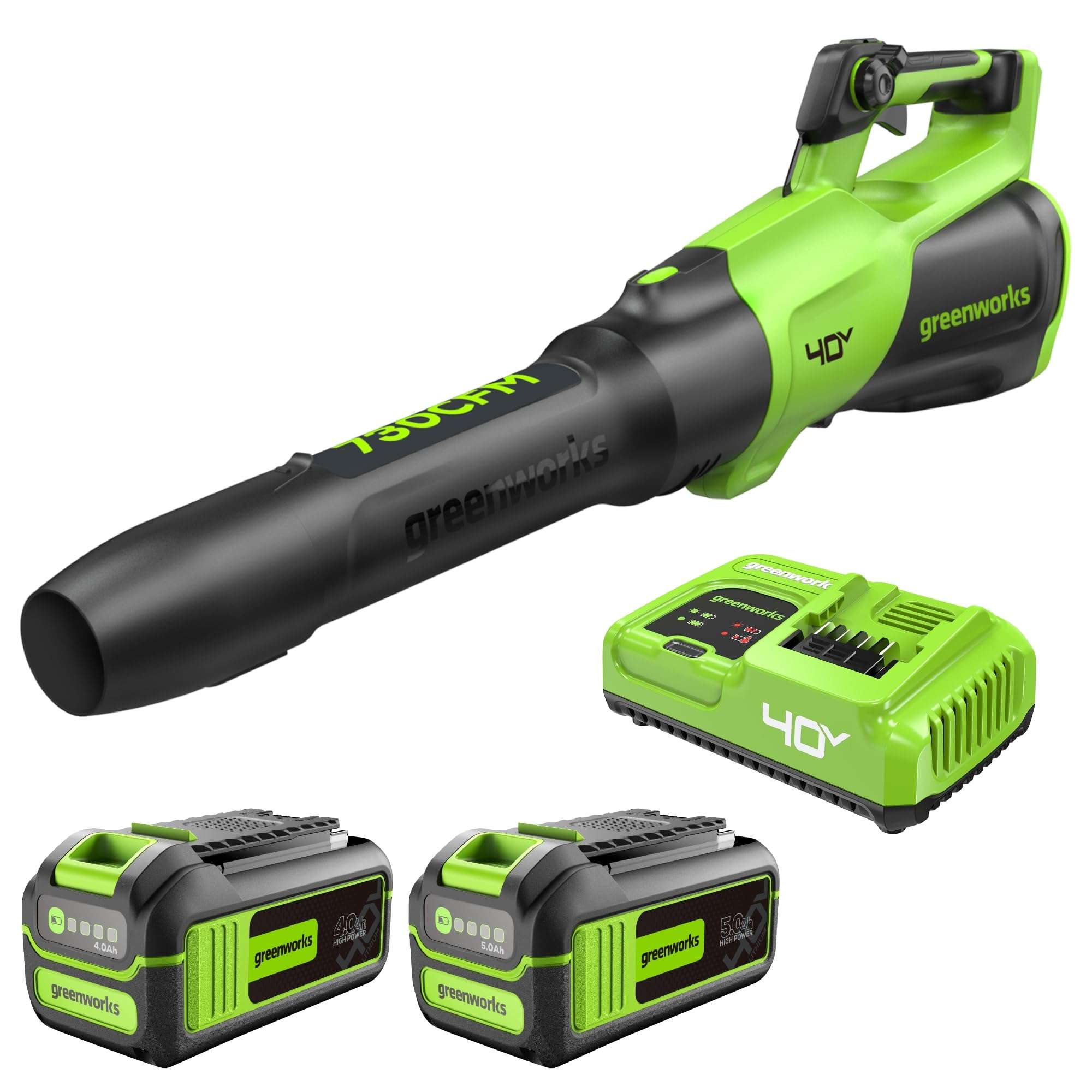[Bonus Battery] Greenworks 40V (730 CFM / 190 MPH) Cordless Brushless Leaf Blower, 5.0Ah + Bonus 4.0Ah Battery and 5A Rapid Charger 1