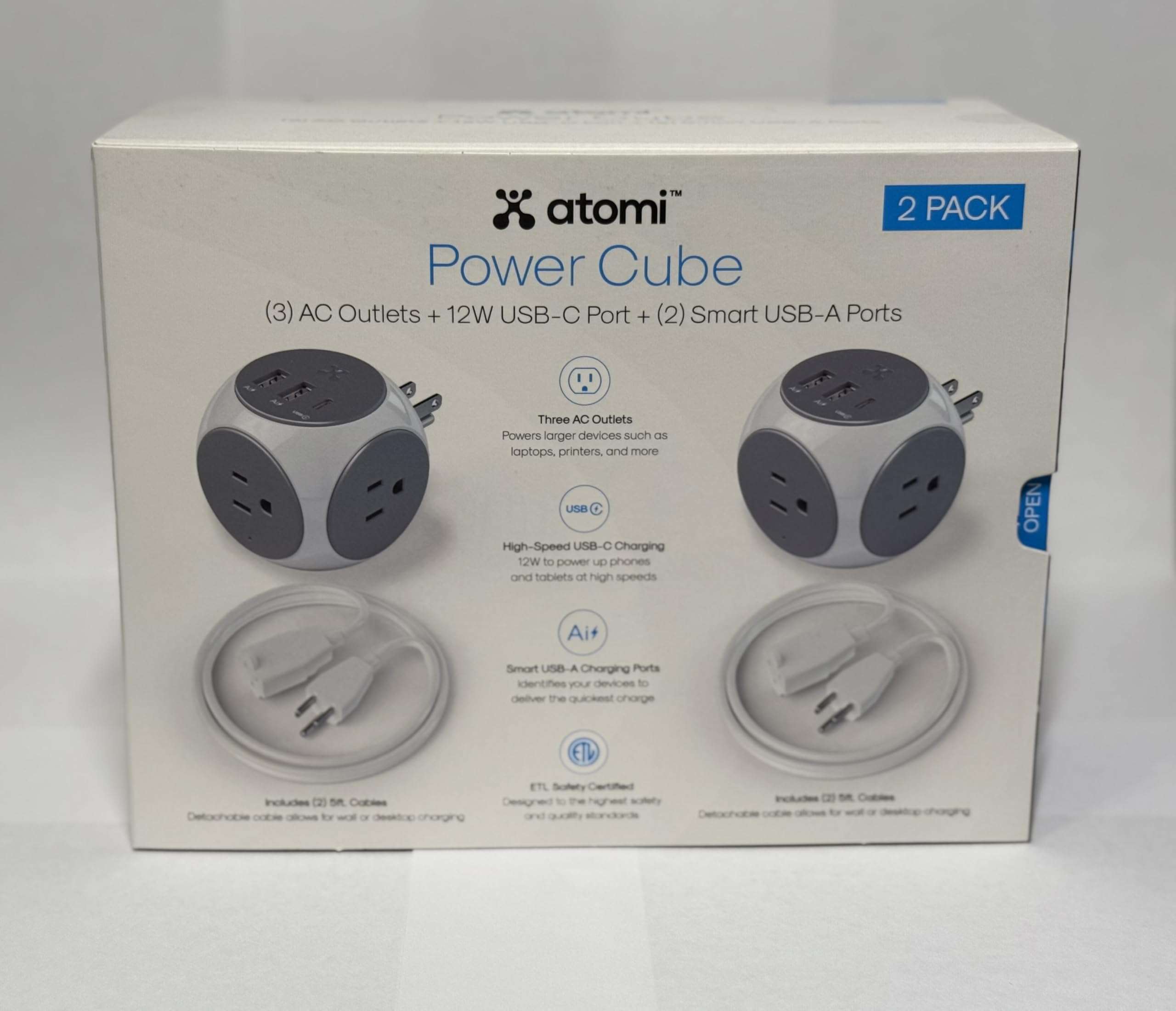 Atomi Power Cube 2-Pack – 3AC Outlets + 3 Smart USB Ports(2 USB-A & 1 USB-C) + 5-ft. Cable 2