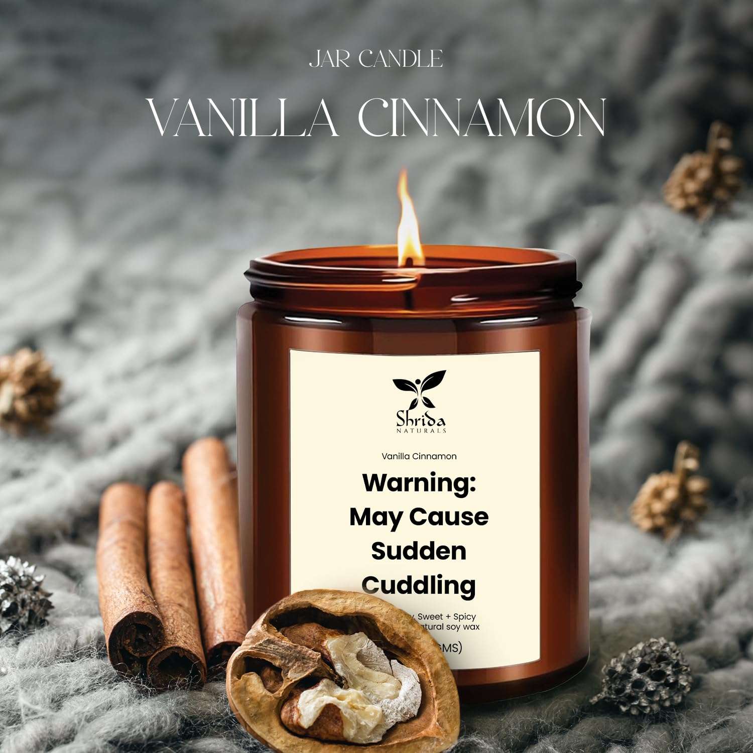 Shrida Naturals Vanilla Cinnamon Soy Candle 100% Natural Soy Wax Jar Candle, Essential Oil Scented Aromatherapy, 180g, 40+ Hour Clean Burn, Warm Home Fragrance, Premium Gift for Bedroom & Living Room 4