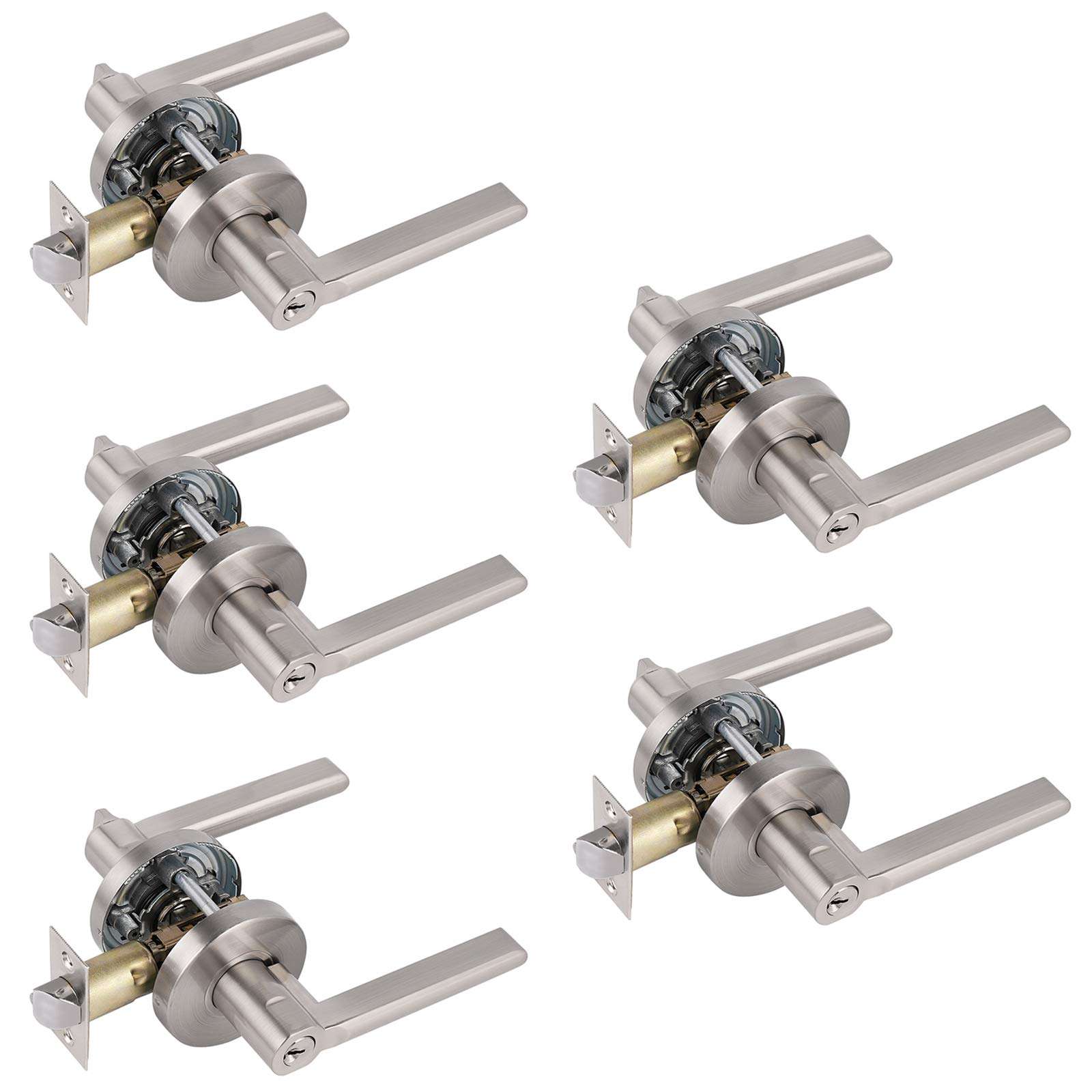 Knobonly 5Pack Exterior Entry Door Handle Lock with Same Keys, Right Handed Heavy Duty Satin Nickel Door Handleset, Entrance Front Door Handles in Brushed Nickel, Keyed Alike Door Lever 1