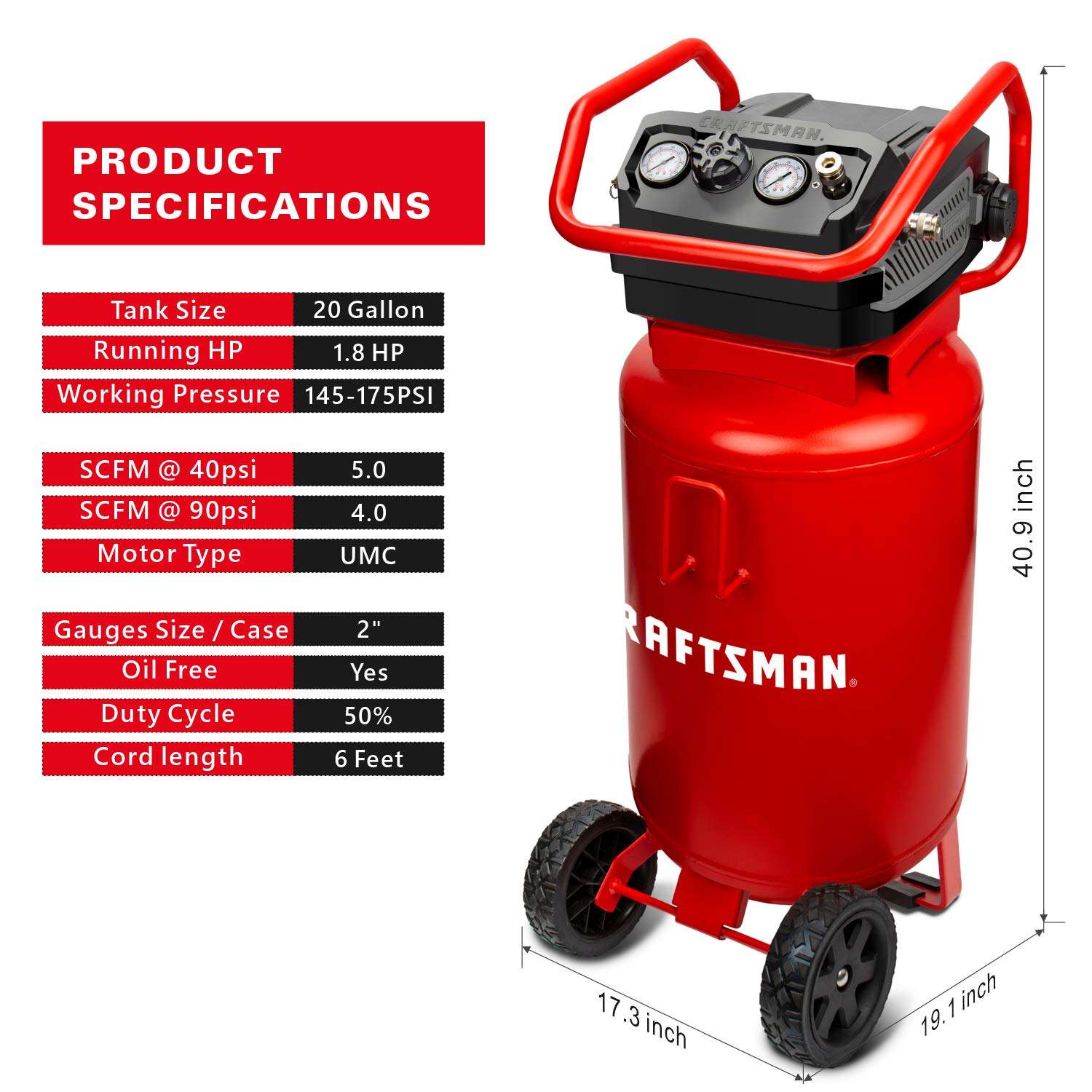 CRAFTSMAN Air Compressor, 20 Gallon, 1.8 HP, Oil-Free Air Tools, Red & Flexzilla Air Hose, 3/8 in. x 50 ft, 1/4 in. MNPT Fittings, Heavy Duty, Lightweight, Hybrid, ZillaGreen - HFZ3850YW2 5