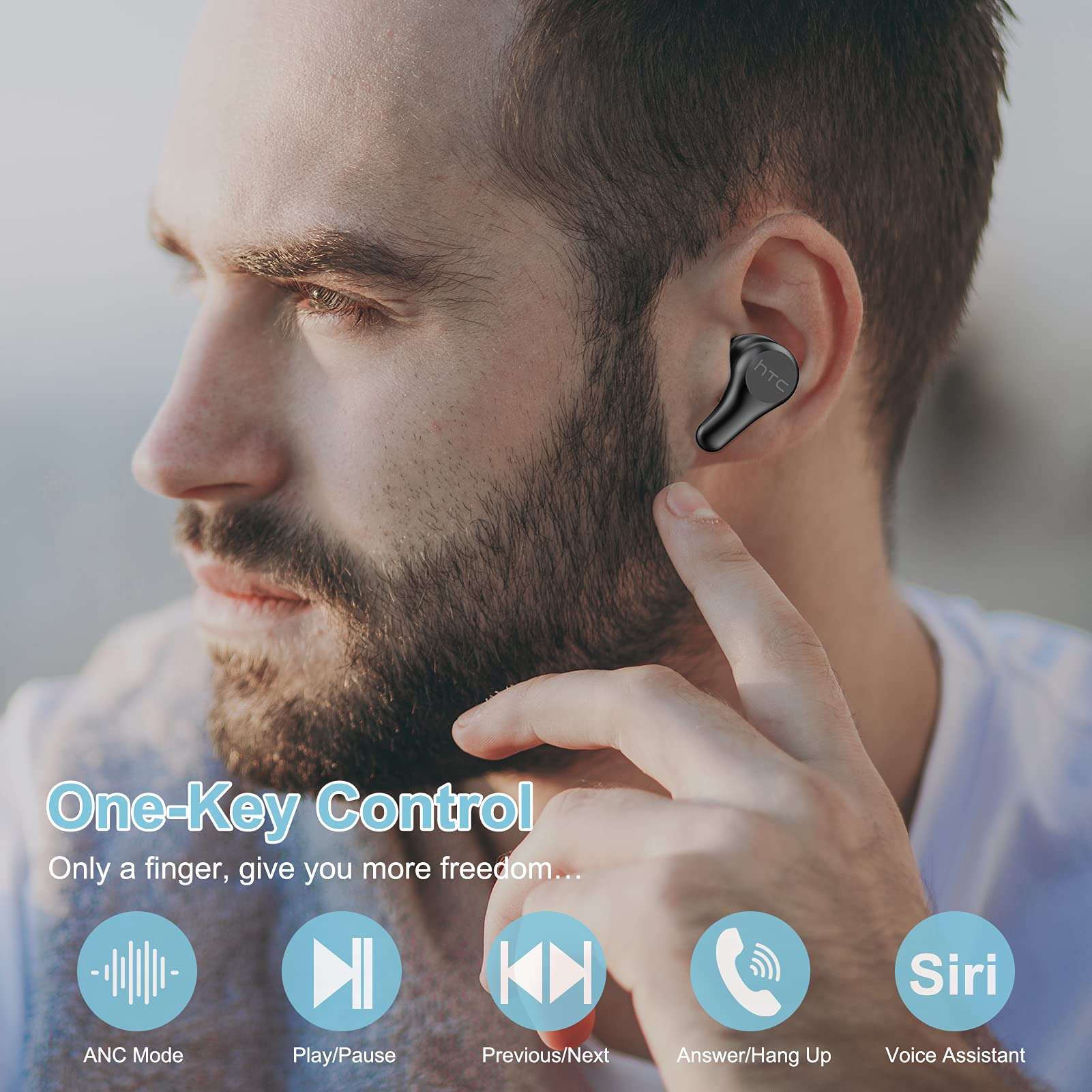 HTC True Wireless Earbuds Plus - ANC, Active Noise Cancellation IPX5 Water Resistant Bluetooth 5.0 with ENC, Stereo in-Ear Touch Control Earbuds 5