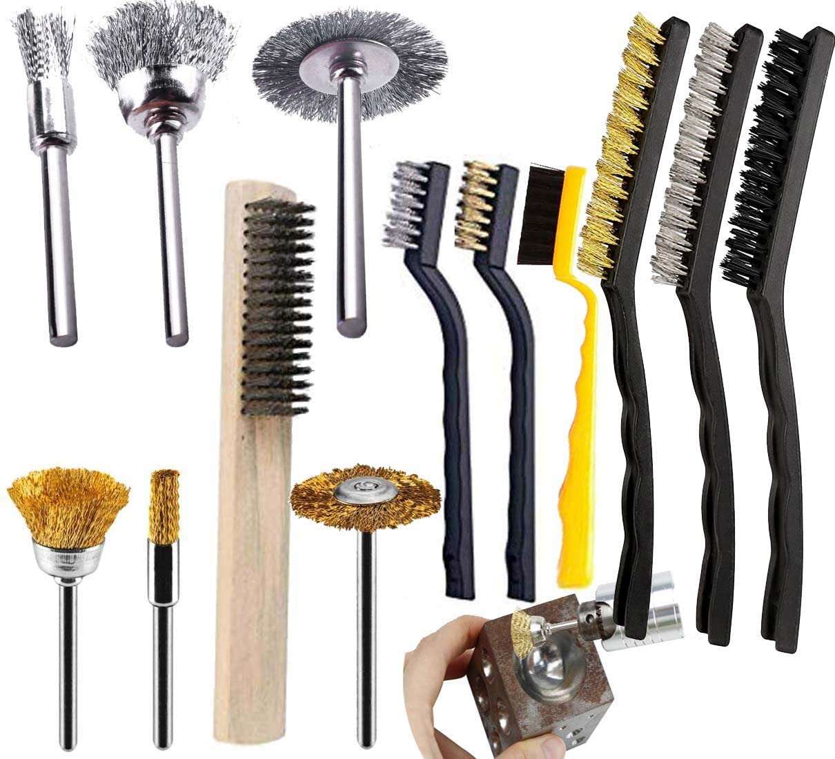 DIY Crafts Carborator Engine Cleaning Kit, 17x 3-9" inch 6X Mini Wire Brushes 4X Medium 3X Big Metal Brass Wire Brushes Brass Curved Handle Scratch for Rust Dirt Included Cleaning Compound (1x Kit) 3