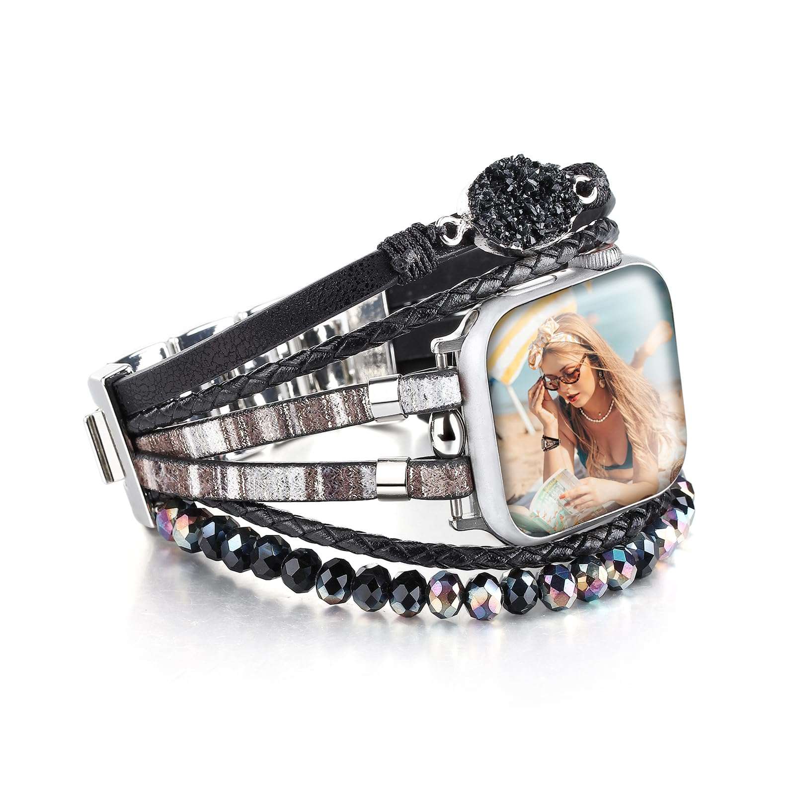 HARAVAL Leather Beaded Bracelet Compatible with Apple Watch Band 42mm 44mm 45mm 46mm 49mm Women Men, Handmade Boho Jewelry Fashion Cute Multilayer Wrap Watch Strap for iWatch Band SE Ultra 2 Series 10 9 8 7 6 5 4 3 2 1 - Black 1