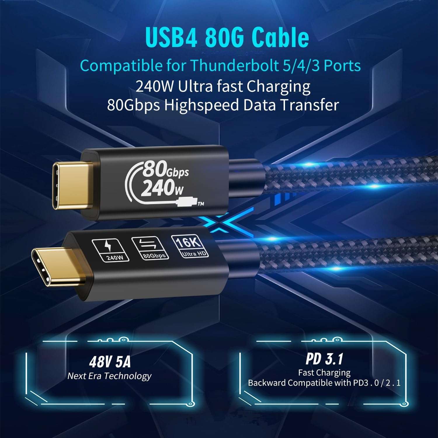 CABLEDECONN USB 4 Extension 0.5M Super High Speed 80Gbps Thunderbolt 5 Data Cable 240W Quick Charging 16K Ultra HD Video Connection USB Type-C Cable 5