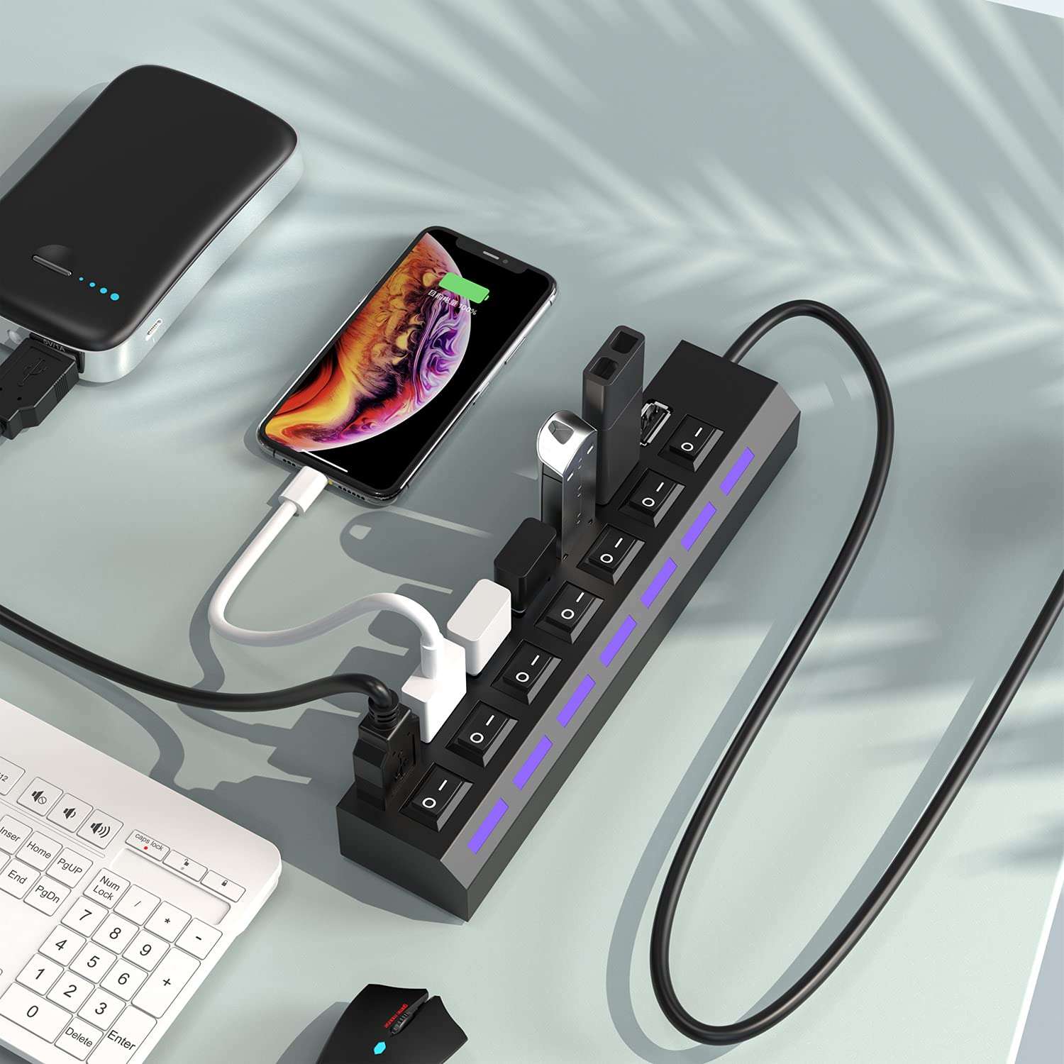 USB Hub, 7 Port USB 2.0 Hub LED Portable High-Speed Compatible for iMac Pro, MacBook Air, Mac Mini/Pro, Surface Pro, PC and Laptop 3