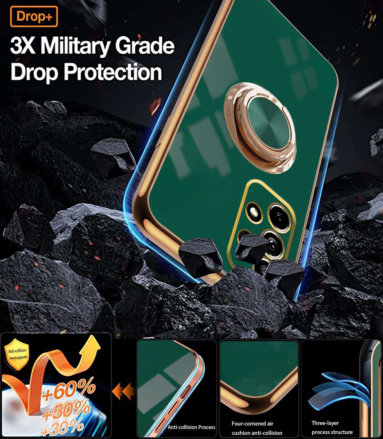 Compatible with Samsung A72 case, Phone Cases for Samsung Galaxy A72 4G/5G with Ring Holder, 360 Degrees Protective Silicone Magnetic Car Holder (Samsung Galaxy A72 4G/5G, Dark Green) 3