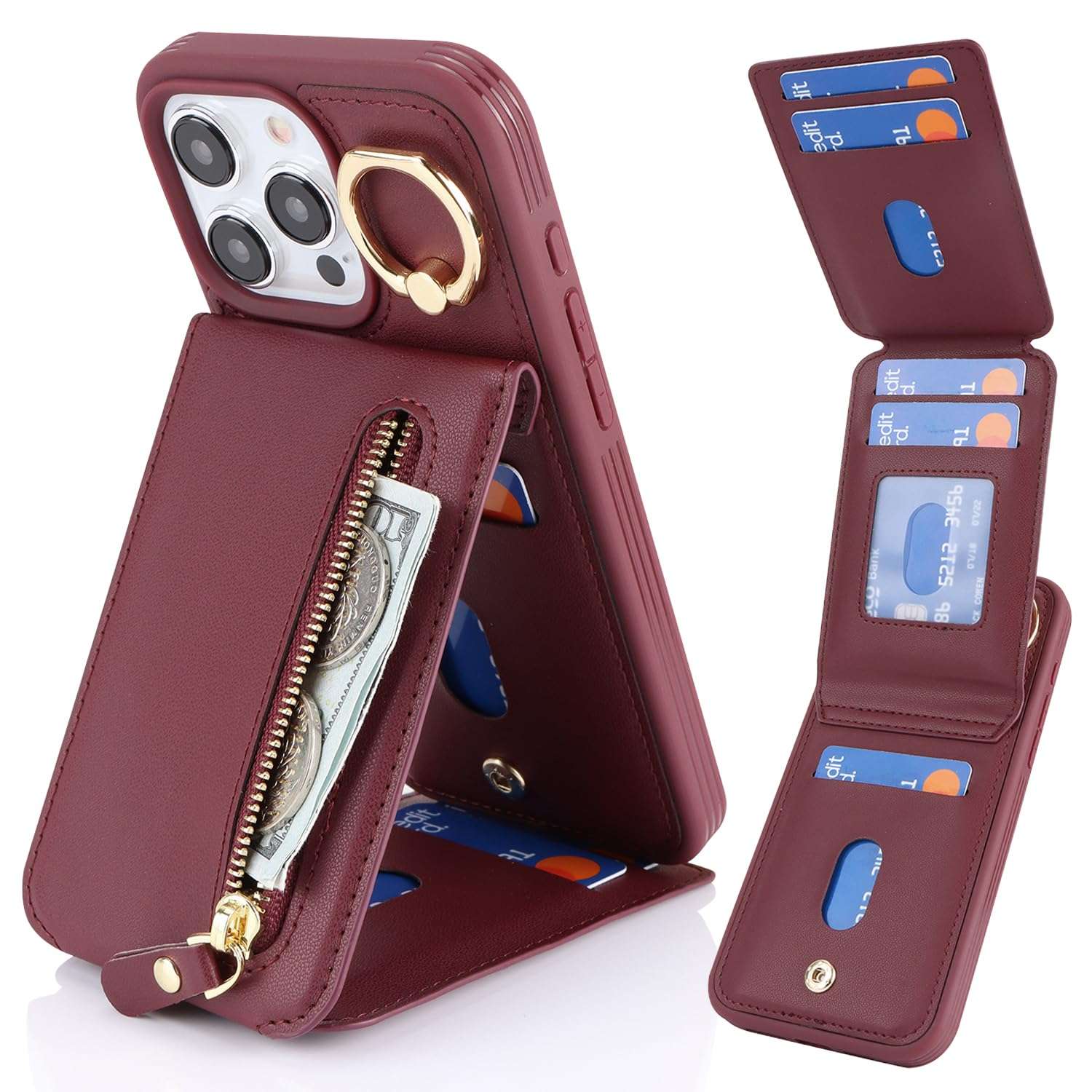 DEYHU for iPhone 14 pro Max Case with Card Holder for Women, for iPhone 14 pro Max Phone Case Wallet with Credit Card with Ring Kickstand Zipper Shockproof Slim Stand Case - Red Wine 1