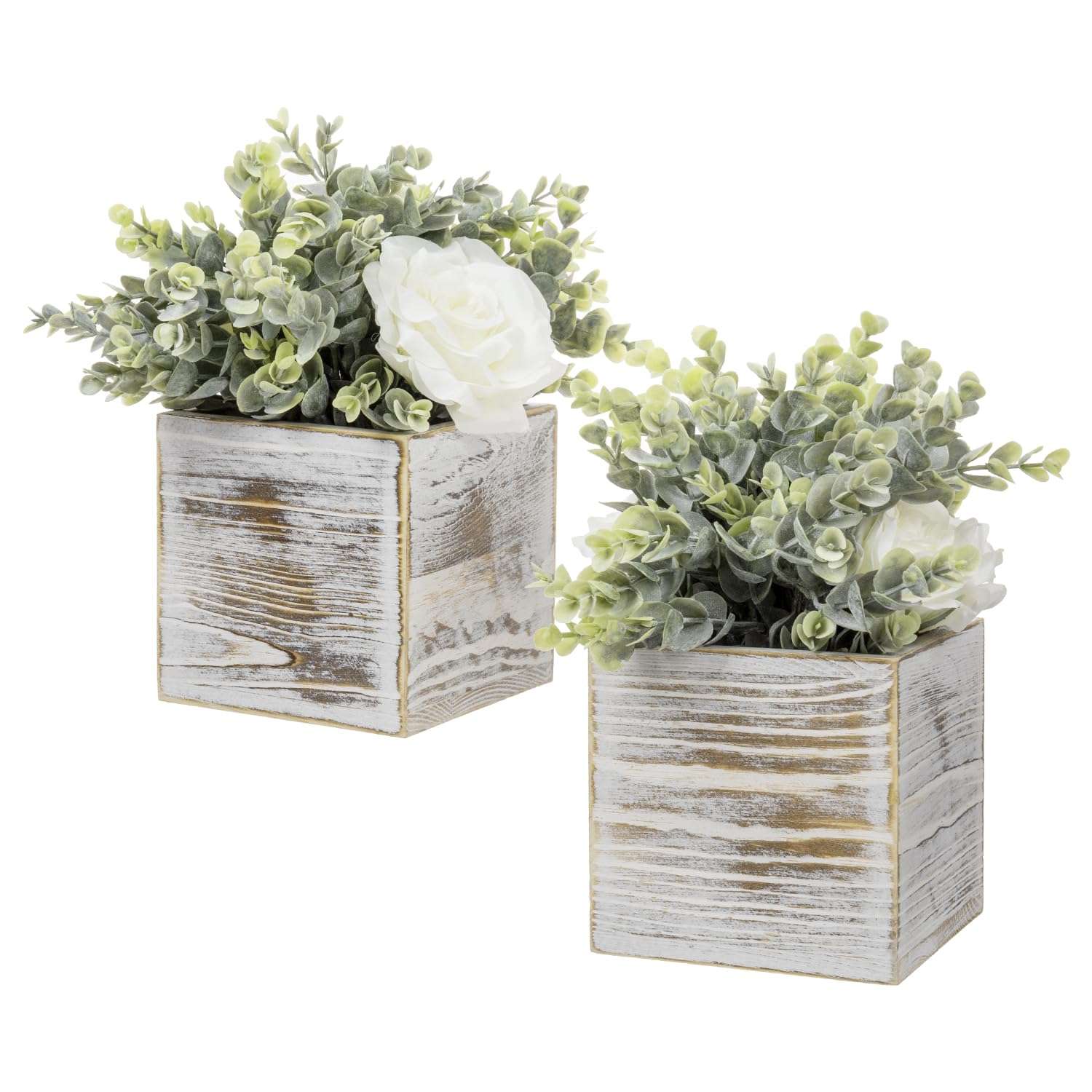 MyGift Artificial White Rose and Eucalyptus Boxwood in Shabby Whitewashed Solid Wood Square Box Planters, Faux Floral Arrangement Table Centerpiece Home Decor, Set of 2 1