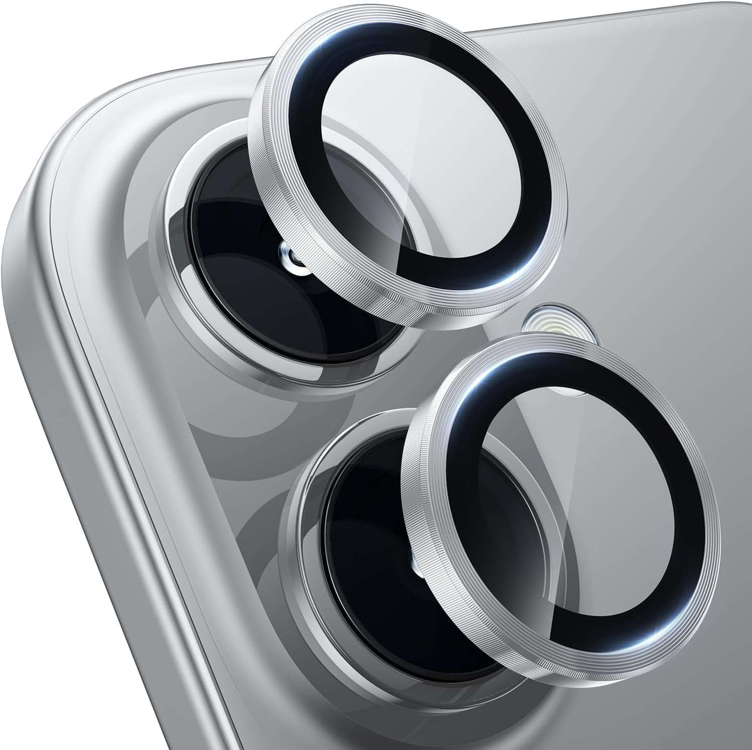 FabeKee Tempered Glass Camera Lens Protector for iPhone 16/16 Plus 9H Hardness, Full Coverage Anti Scratch Camera Metal Ring (Silver) 1