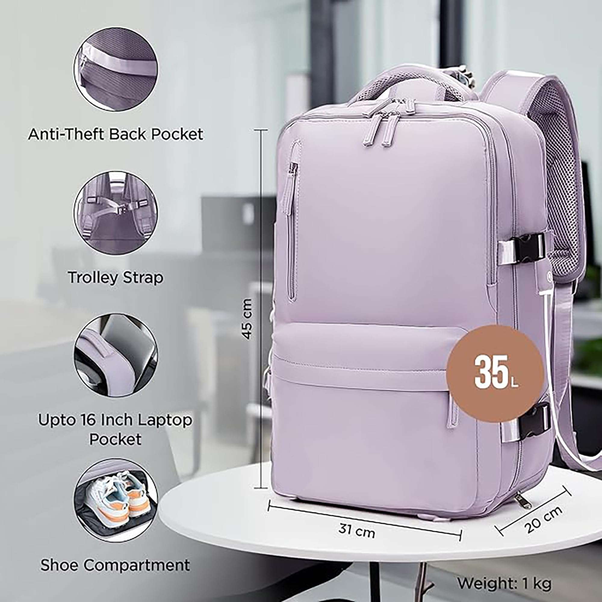 Kuber Industries 35L Waterproof Laptop Bag | Stylish Office/College Bag for Men & Women |Unisex Travel Friendly Professional Backpack - Purple 4