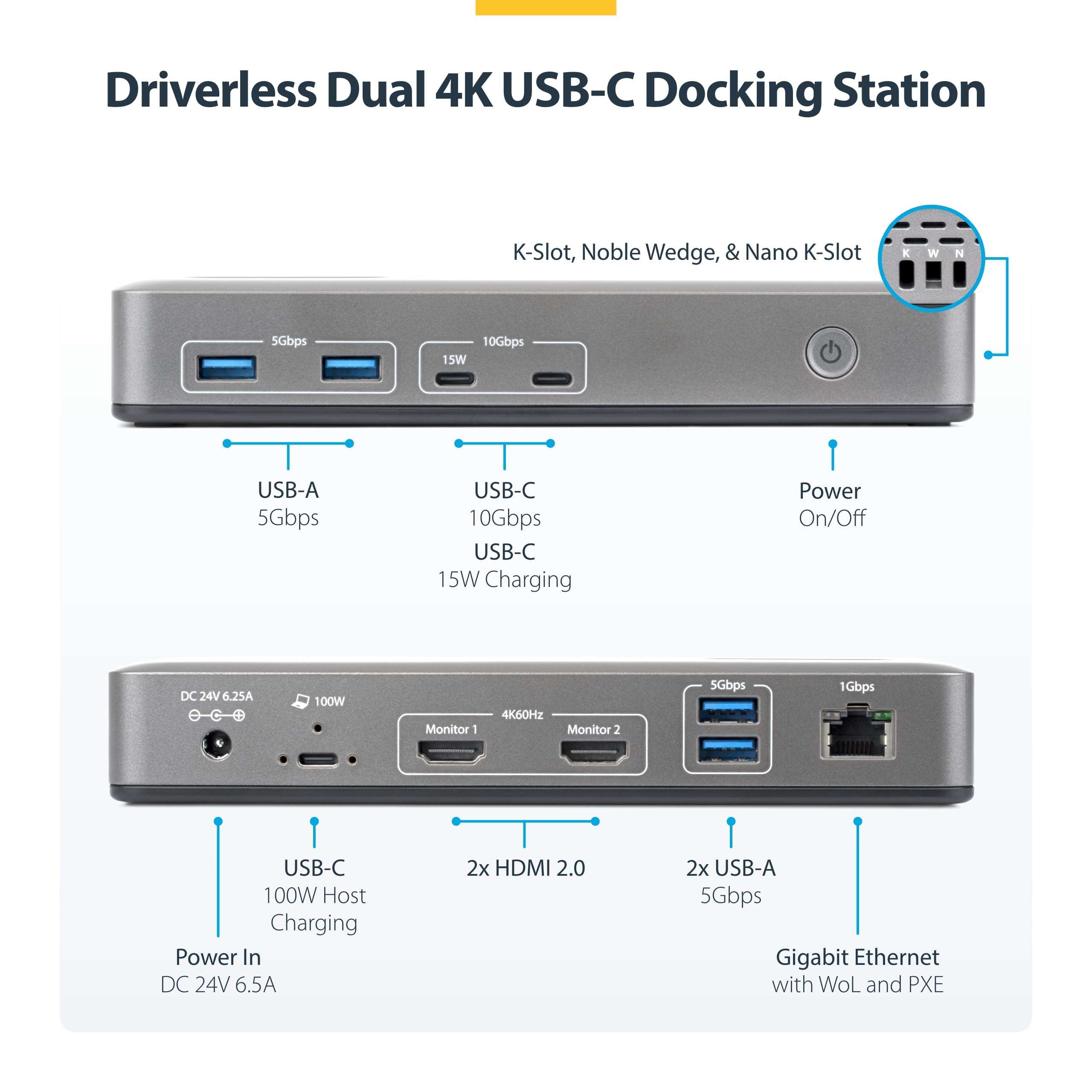 StarTech USB-C Docking Station for Dual Monitors, Dual 4K 60Hz HDMI, 100W Power Delivery Charging, 6 USB Ports (10Gbps), Gigabit Ethernet, Driverless DP Alt Mode Windows Laptop Dock (196N-USBC-DOCK) 3