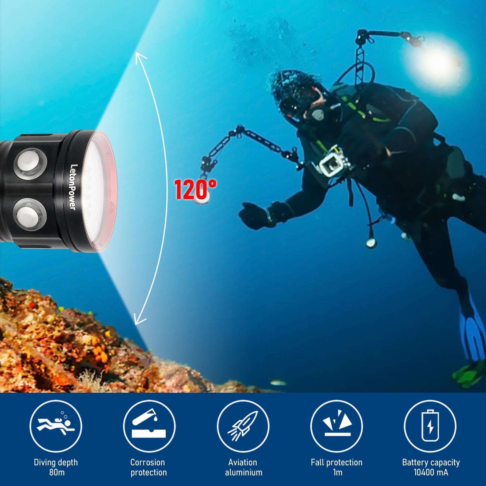 LetonPower B15 Dive Light Underwater Flashlight 8000Lumens Underwater Video Lights 80m Scuba Dive Light Diving Flashlight for Under Water Sports,Underwater Video Shooting and Photography 6