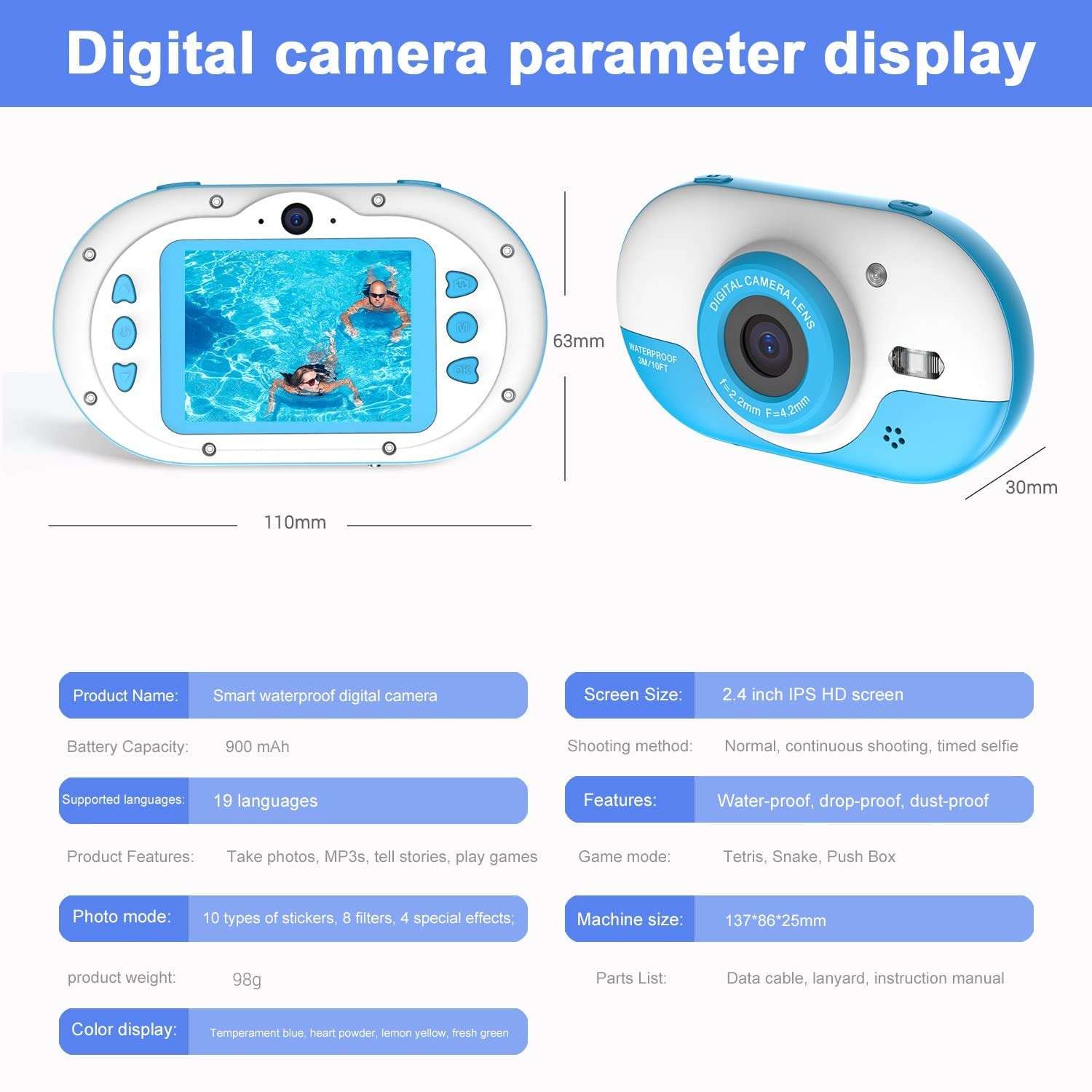 RADIONICS 8MP Children Digital Camera Kids Waterproof Camera with Front and Rear Dual Cameras 2.4 Inch IPS HD Screen One-Click Photo/Video Self-Timer for 5s 5