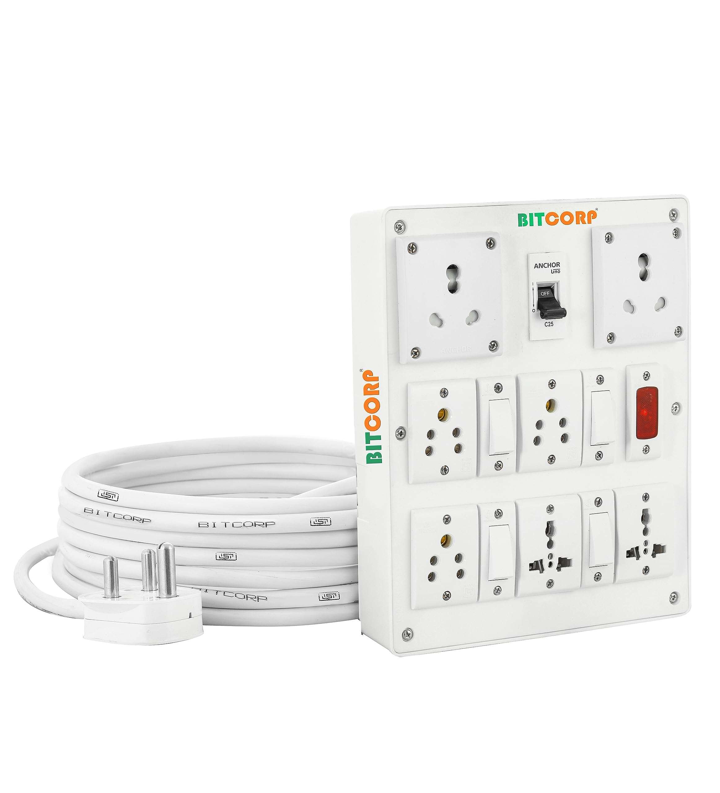 BITCORP Extension Cord(3500W) 6A 16A 20A Spike Guard Thermal Protection 4 Way Multi Outlet 3 Pin 2 Switch Power Cord With 2 Meter Long Wire Cable Suitable For Small&Heavy Duty Appliance,220 Volts 1